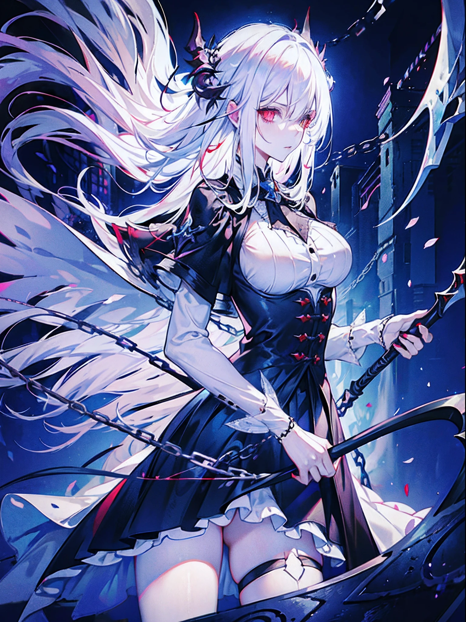 Evil white-haired demon, Chain scythe, Sexy Outfit, Heterochromia eye, Black, Red Moon and Blue Roses, Fantasy background