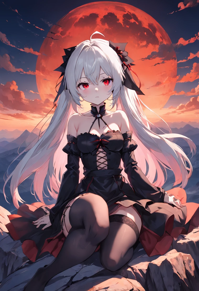 Anime girl with white hair and black stockings sitting on top of a mountain, demon anime girl, Vampires, gothic maiden anime girl，Black night sky，Huge red sun，Magical fantasy，
