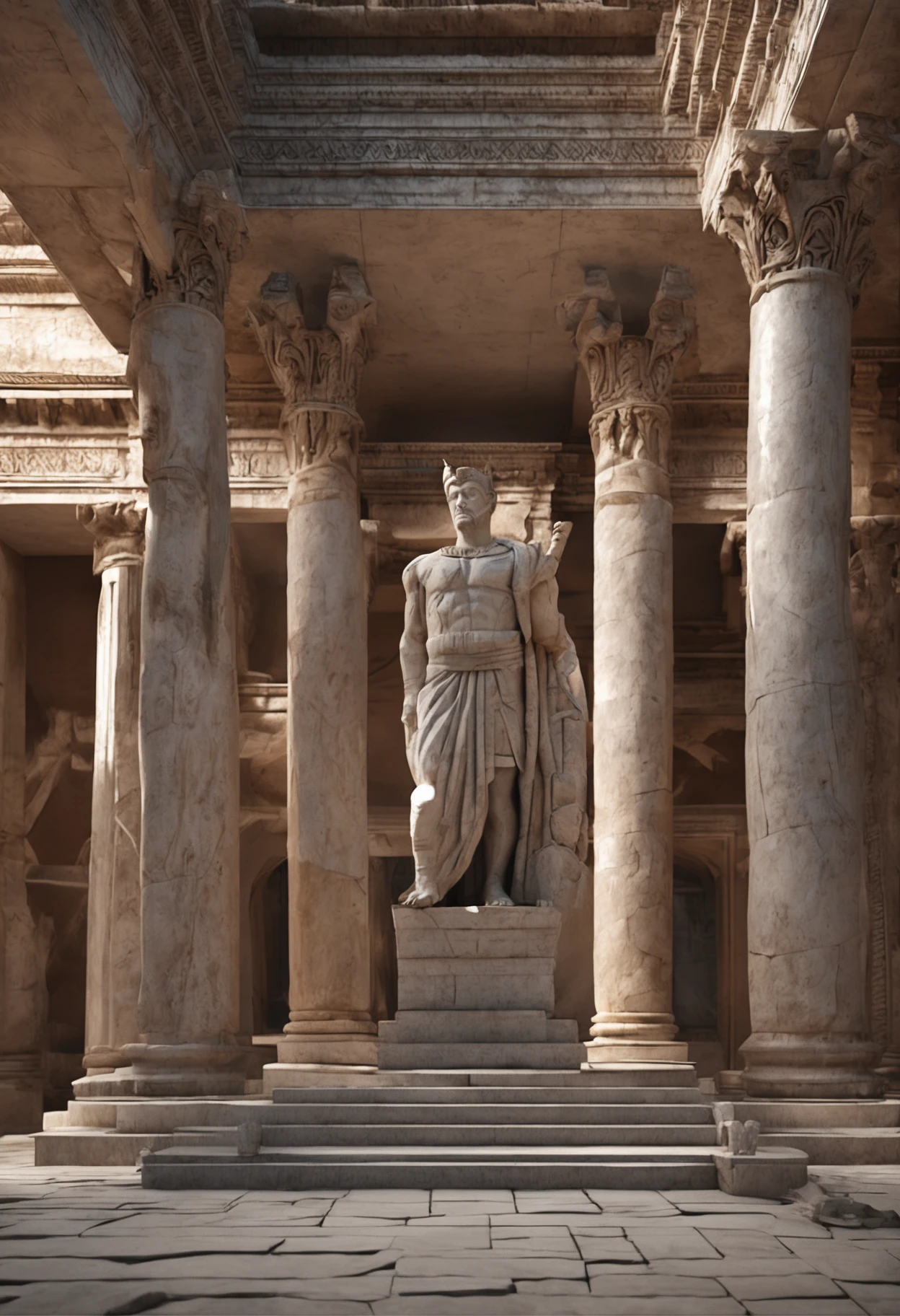 Platonic style ancient architecture with large statues,As a famous ancient Roman statue.Dressed in a marshal uniform，Very gorgeous details，Holding a long sword,Behind you is the temple building，A corridor supported by huge stone pillars，Marble sculpture texture，max detail，8K，stage lighting，Epic scenes, greco roman statue, the greek god, classicism artstyle, Ridley Scott movie shots，Epic movies， tmasterpiece, best qualityer, 8K texture, highly  detailed, realisticlying, Soft cinematic light, hdr, foco nítido, tmasterpiece, Fotor is realistic, Award-winning photography, a Canon EOS R5, 35 mm.Marble stone texture