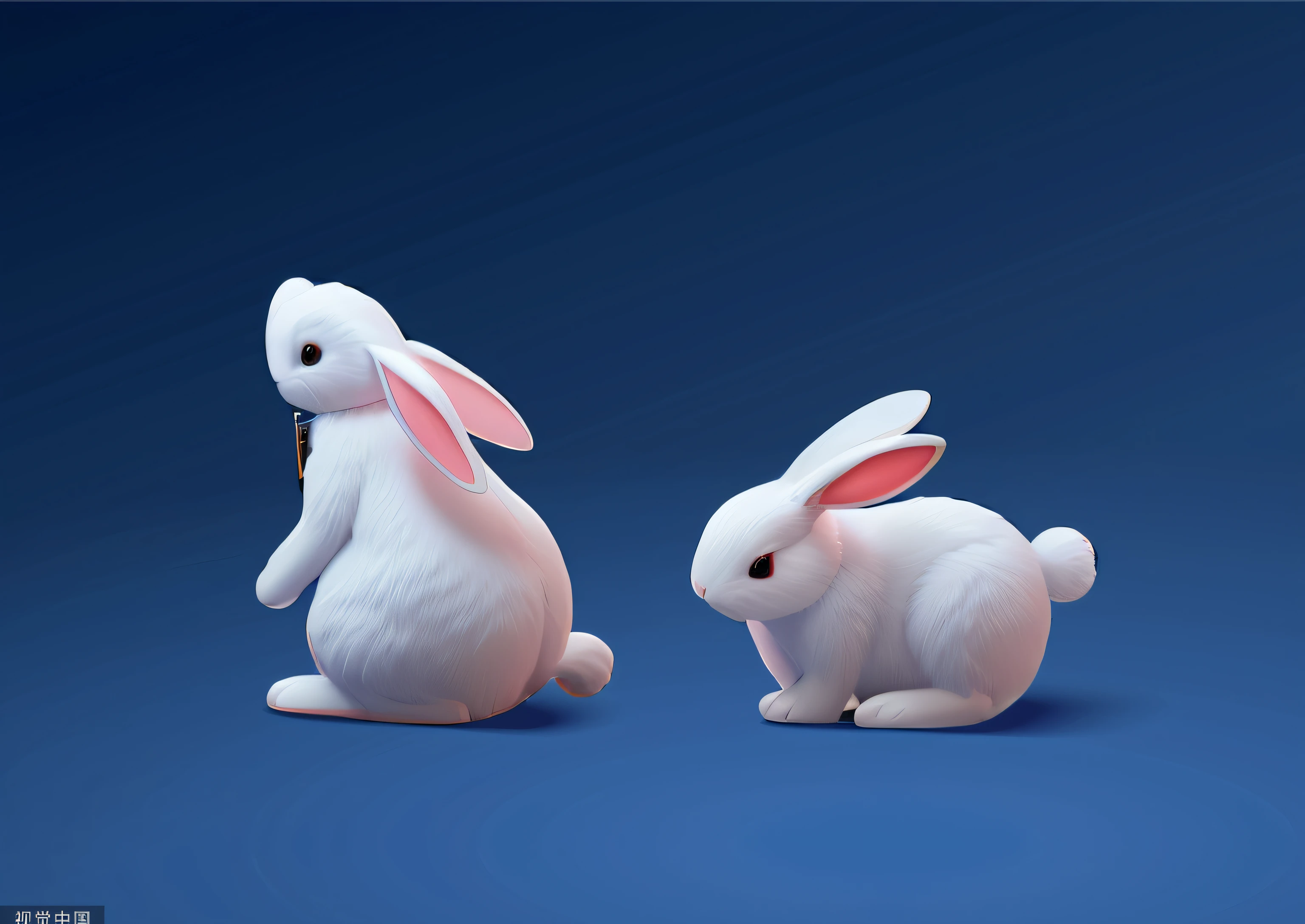 Two white rabbits sitting side by side on white background, cute anthropomorphic bunny,Full side standing view,Small black glasses,3Drenderingof, the bunny has pink fur, rendered illustration, c4d,lighting perfect