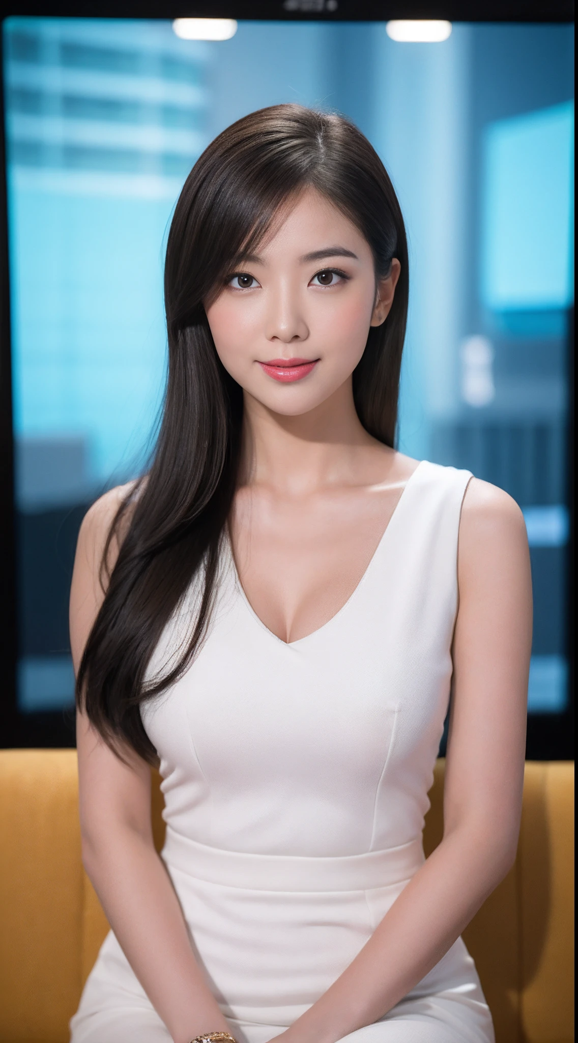 (8k, highest quality, masterpiece: 1.2), (realistic, photorealistic: 1.37), Super detailed, 30 year old single girl, cute, alone, midnight, beautiful and detailed sky, sitting, (smile), 、beautiful small eyes, Floating hair NovaFrogStyle, dark sky,In panties、fog、perfect body、respectable physique