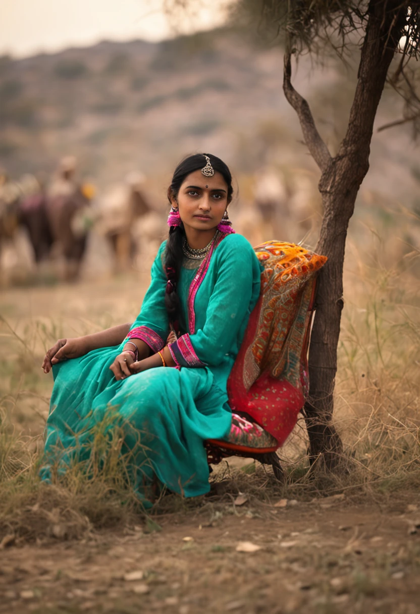 a village girl, sitting and relaxing on chair in field, traditional dress from pakistan