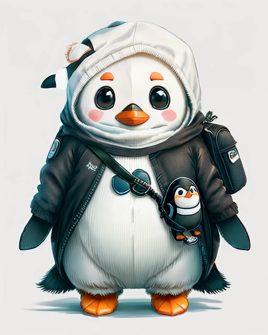 photoRealstic、How to draw a cute picture ((Chonkey Penguin 🐧)) Go on an adventure, Cute look, A ((Small Bag Pack)) Deep in the penguins, hard disk ,Soft contrast, ((Fluffy Penguins 🐧)), Adorable,Background white