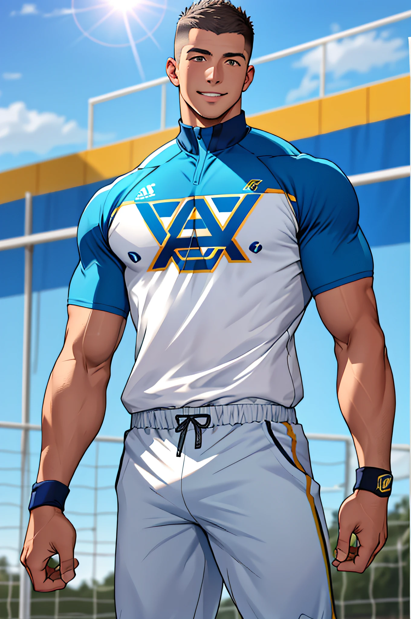 Draw a full-fledged athlete,Stand on the central field of the gym,He wears high-end sportswear,The man looks confident and determined,rays of sunshine,cheerful big breasts,Handsome,Crew cut,full bodyesbian,shooting from below,