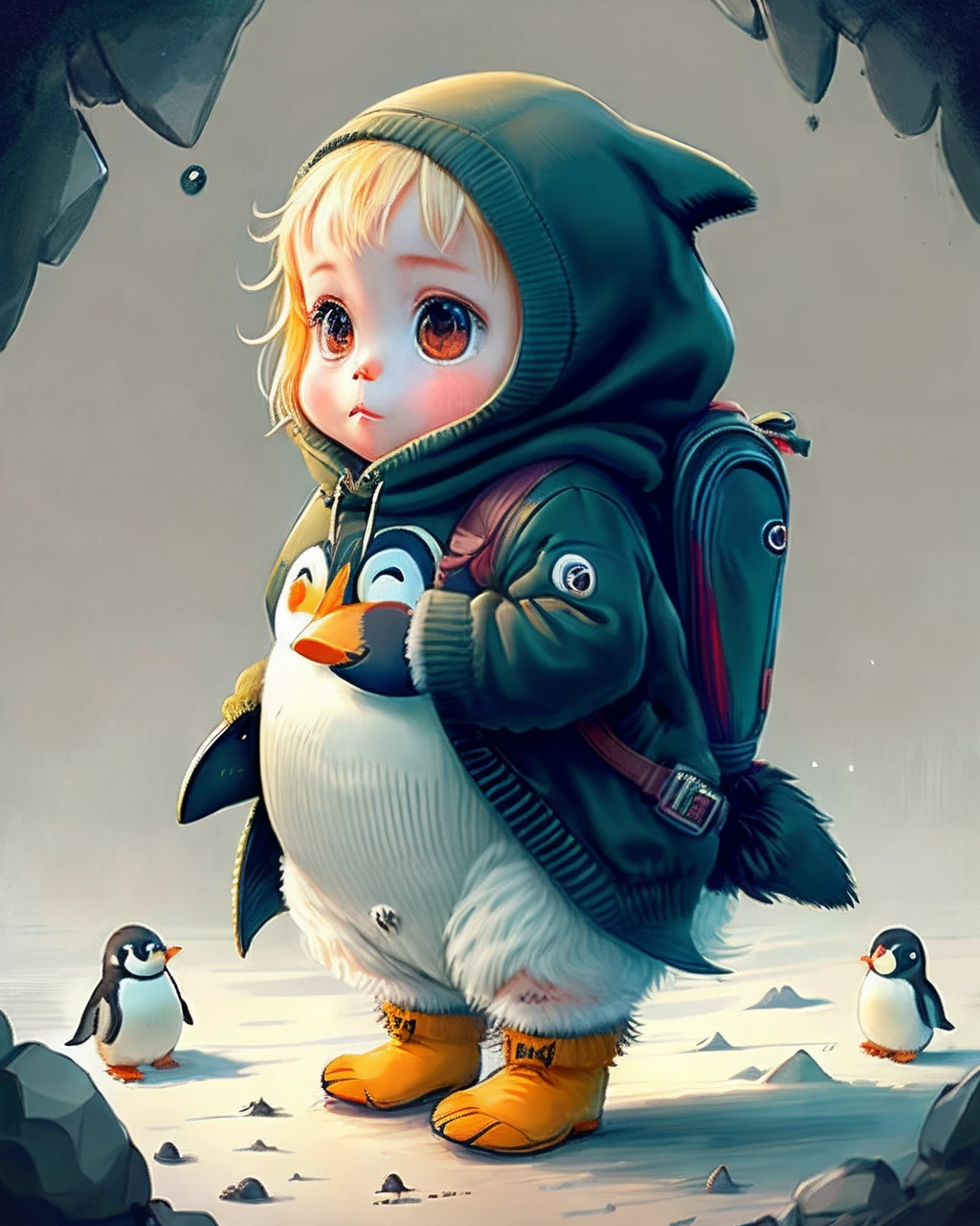 photoRealstic、How to draw a cute picture ((Chonkey Penguin 🐧)) Go on an adventure, Cute look, A ((Small Bag Pack)) In the depths of the penguins, hard disk ,Soft contrast, ((Fluffy Penguins 🐧)), Adorable