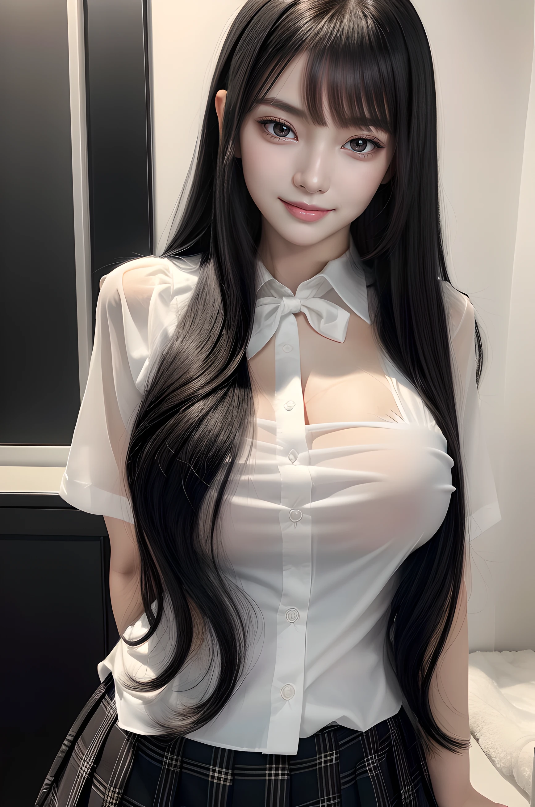 (((Blunt bangs,Very long black hair, Ridiculously long black hair:1.1))),Long black hair like a stream of water, Lustrous black hair all over the back, Black hair shiny like silk thread, Long black hair shining like jewels, black hair with wet feathers, 1girl in, (blush)+, lightsmile, School uniform, Short sleeves, Narrowed eyes, (upward-eyed)1.1, Backlight, Bokeh, (the see-through white shirt), bowtie, (Huge breasts, Super breasts), plaid skirts, White panties, ,a beauty girl, blush, Seductive smile,Insane details and very detailed, Huge lower eyelid. masutepiece, of the highest quality, Ultra high definition, max resolution, Very detailed, Clean skin,