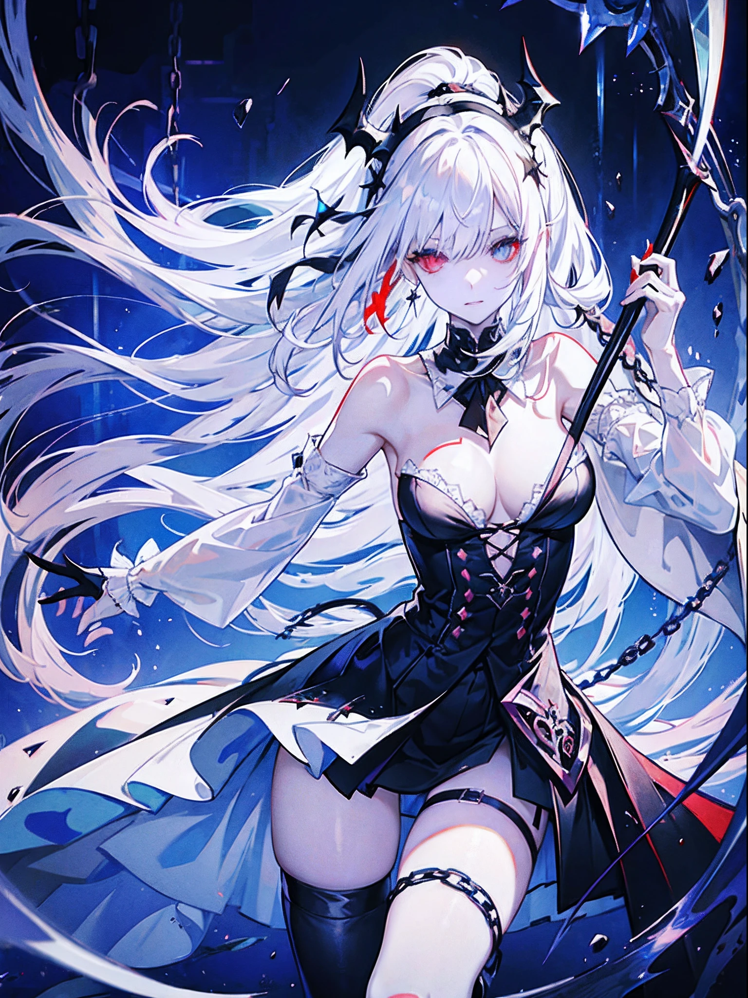 Evil white-haired demon, Chain scythe, Sexy Outfit, Heterochromia eye, Black, Red Moon and Blue Roses, Fantasy background