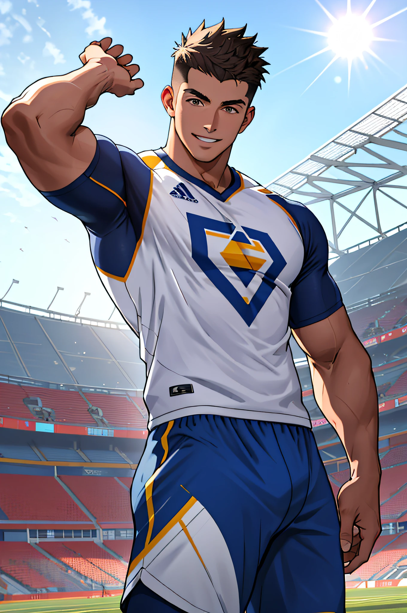 Draw a full-fledged athlete，Stand on the central field of the gym，He wears high-end sportswear，The man looks confident and determined，rays of sunshine，cheerful big breasts，Handsome，Crew cut，full bodyesbian，shooting from below，