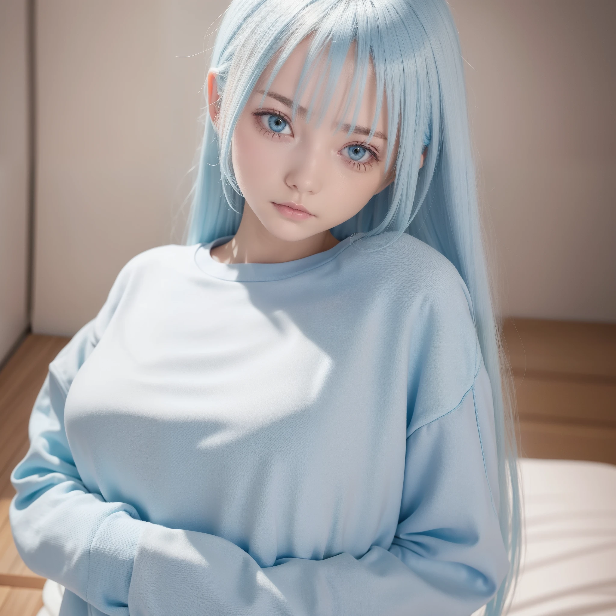 Long fleshy light blue hair,Loose and simple cream pale blue sweatshirt,It looks small and cute,But the breasts are large and full