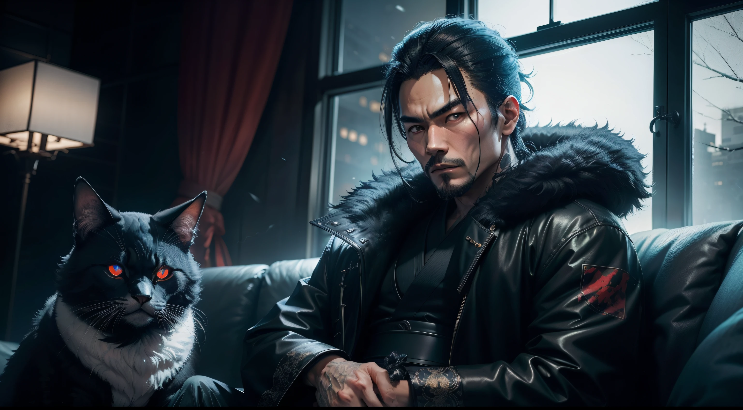 Japanese Gangster wearing a black fur jacket sitting on couch in a dark room with multiple katanas with Blue moon outside of the window, Red glowing eyes, extremely detailed hairs, detailed face, masterpiece, 4k,night