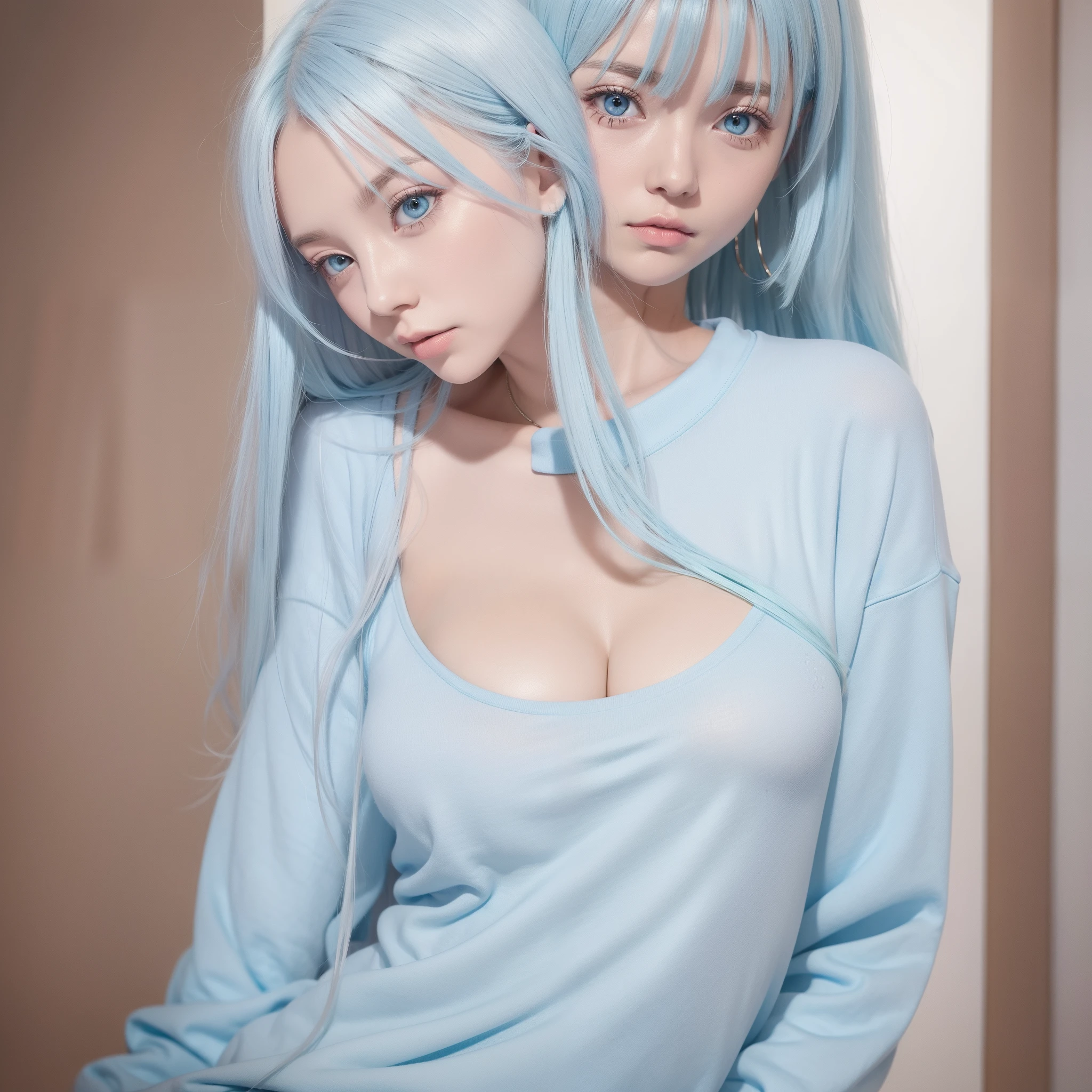 Long fleshy light blue hair，Loose and simple cream pale blue sweatshirt，It looks small and cute，But the breasts are large and full