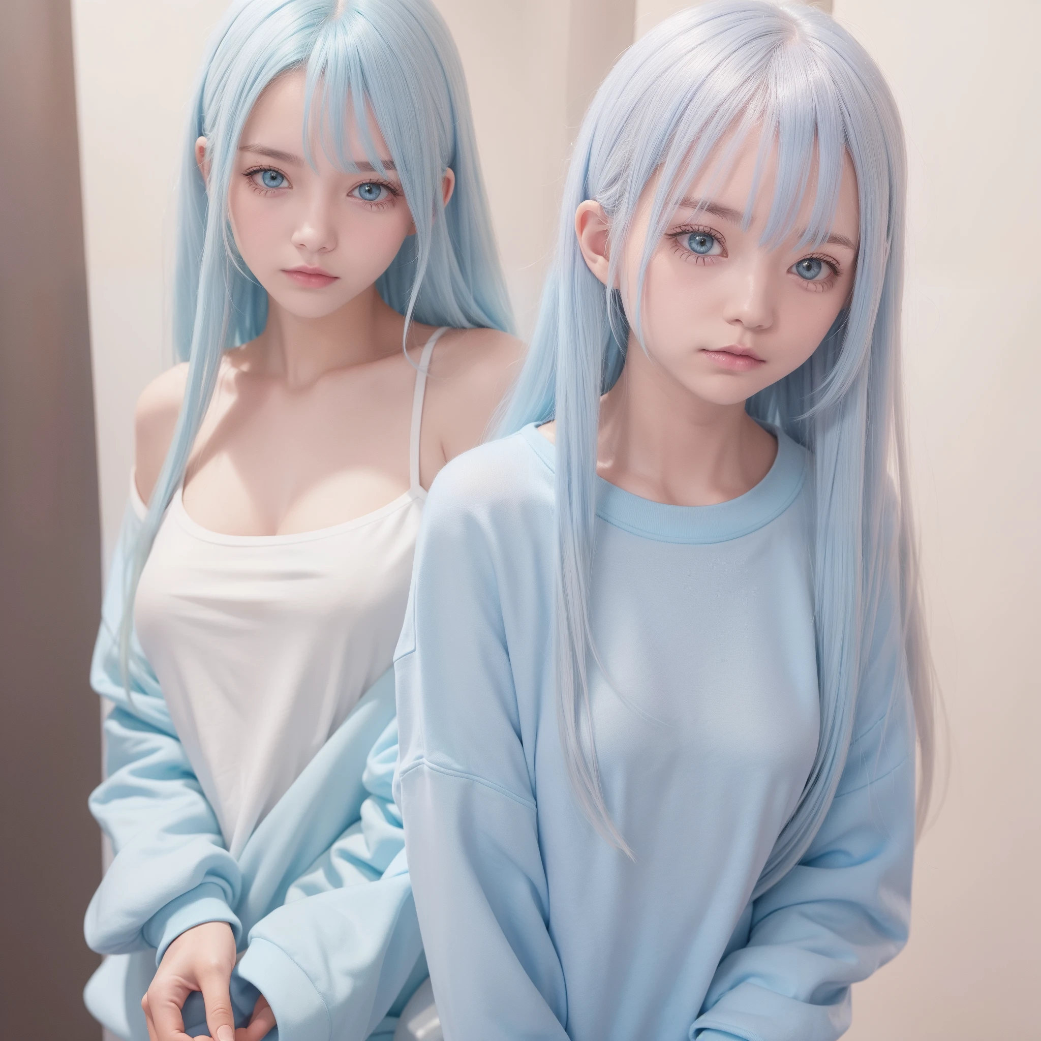 Long fleshy light blue hair，Crystal clear, loose-fitting and simple cream light blue sweatshirt，It looks small and cute，But the breasts are large and full，The whole person looks like he's glowing