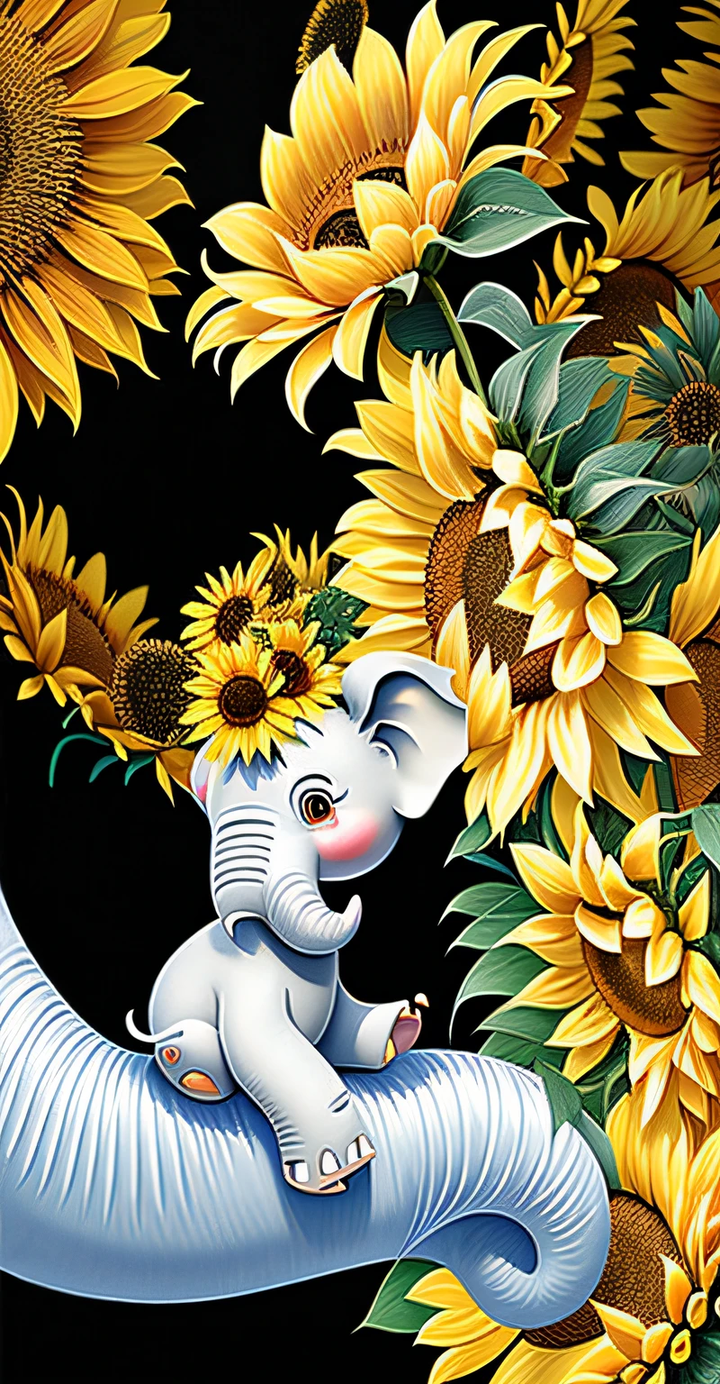 There is a painting of a small elephant sitting on a hand, bright sunny time, sunflowers in the background, with yellow flowers around it, rays of sunshine, Bright sunshine, On a sunny day, cute cat in a sunflower field, um dia ensolarado, colours : yellow sunflowers, colours: yellow sunflowers, cute elephant, beautiful sunflower anime girl, and the sun was shining brightly