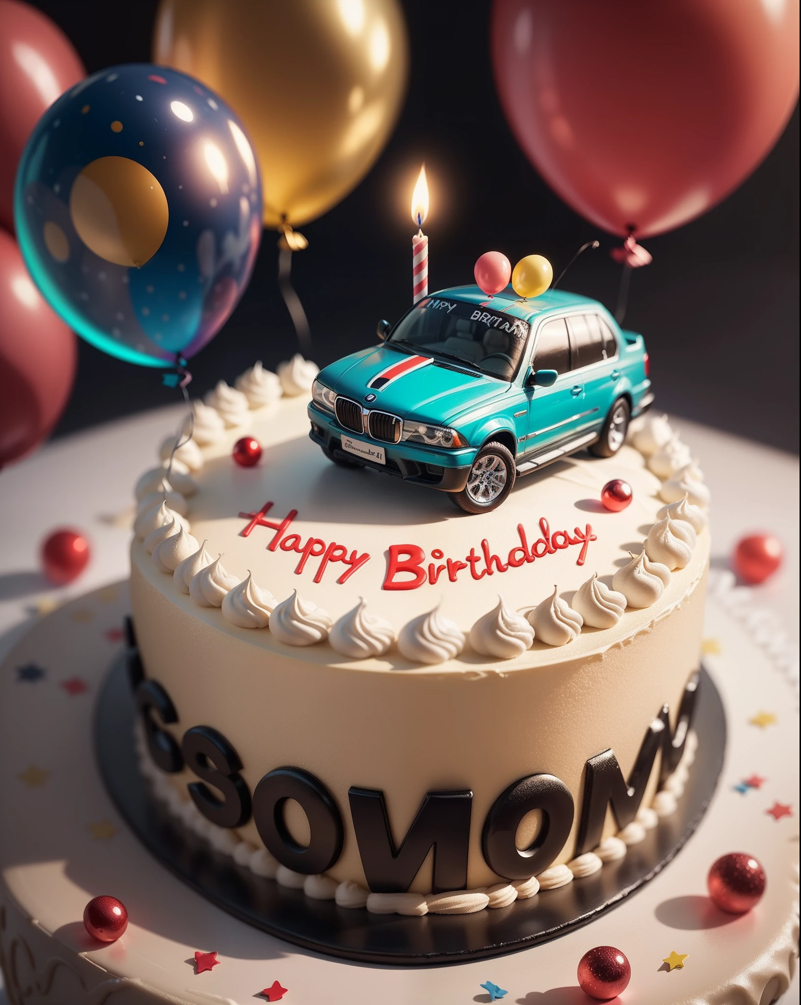 Happy birthday! On the birthday cake is a funny cartoon BMW car. Lots of candles and balloons. Close-up. Lots of details. Festive, fun. Cartoon style Disney Pixar. Super realistic. Cinematic. Light blurred background of the festive table. Light haze. --auto --s2