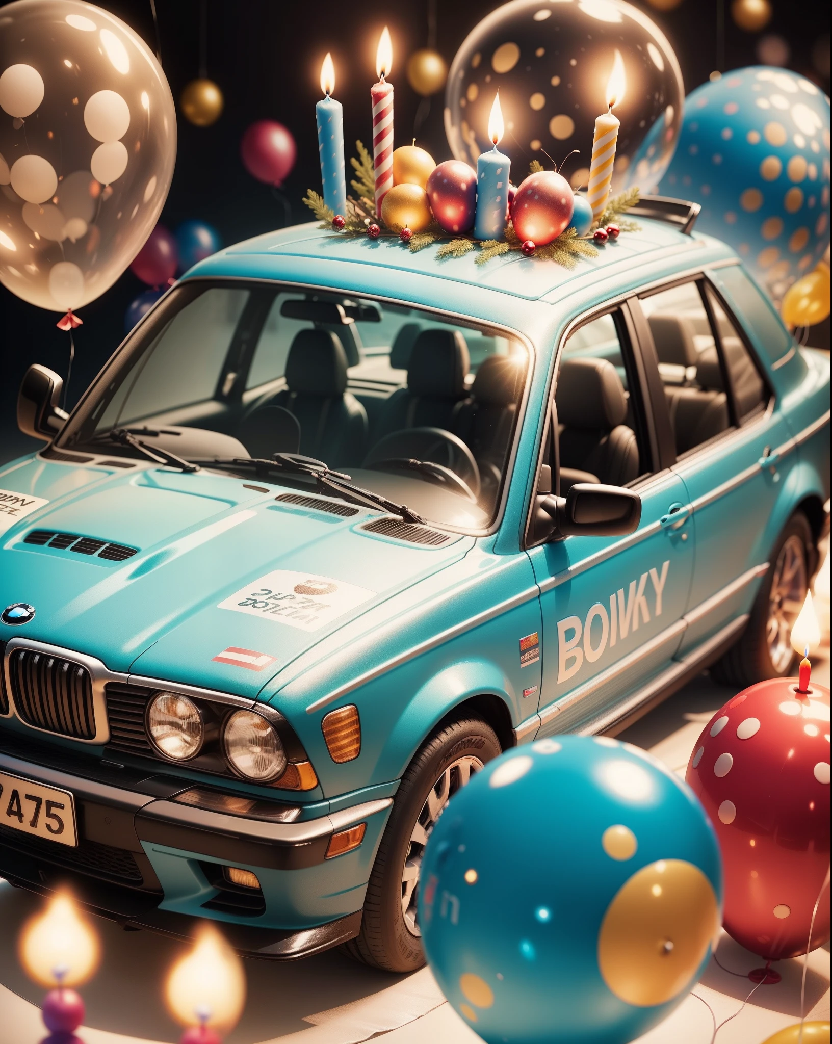 Happy birthday! On the birthday cake is a funny cartoon BMW car. Lots of candles and balloons. Close-up. Lots of details. Festive, fun. Cartoon style Disney Pixar. Super realistic. Cinematic. Light blurred background of the festive table. Light haze. --auto --s2