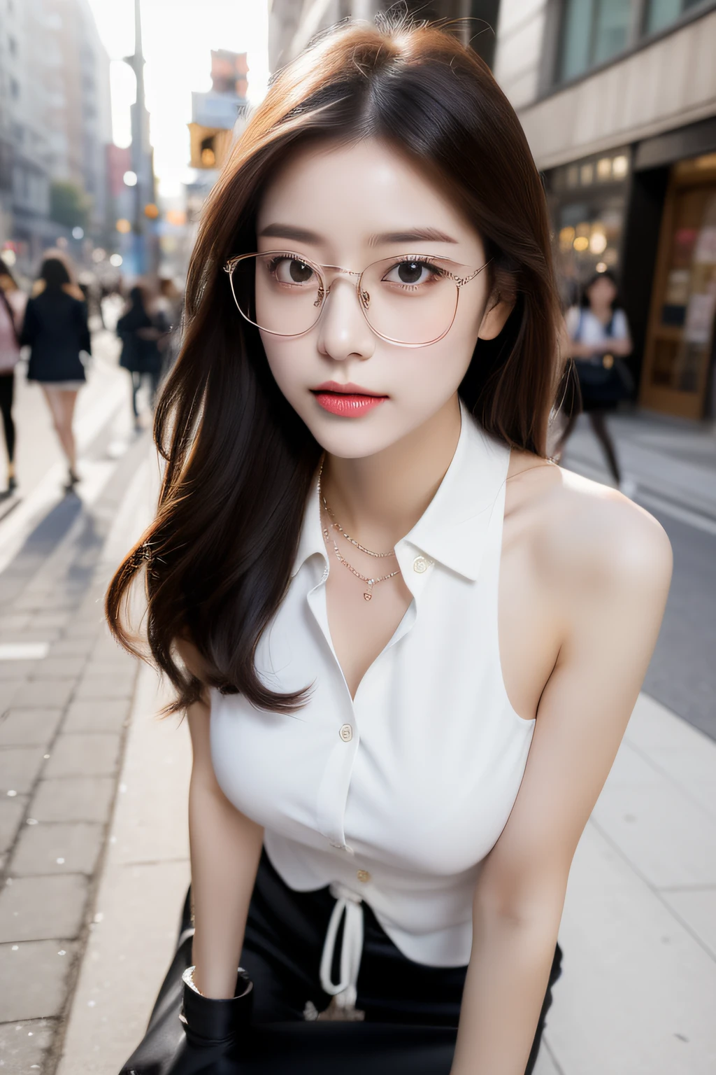 ((Beautiful girl on the street)), ((Expose legs)),high-heels,Big breasts:1.2,24 years of age,Korean female,Low-cut dressing,Delicatemakeup,prettyeyes,Sexy pose, long leges:1.3, prettyeyes, Stand, detailface, With glasses,
