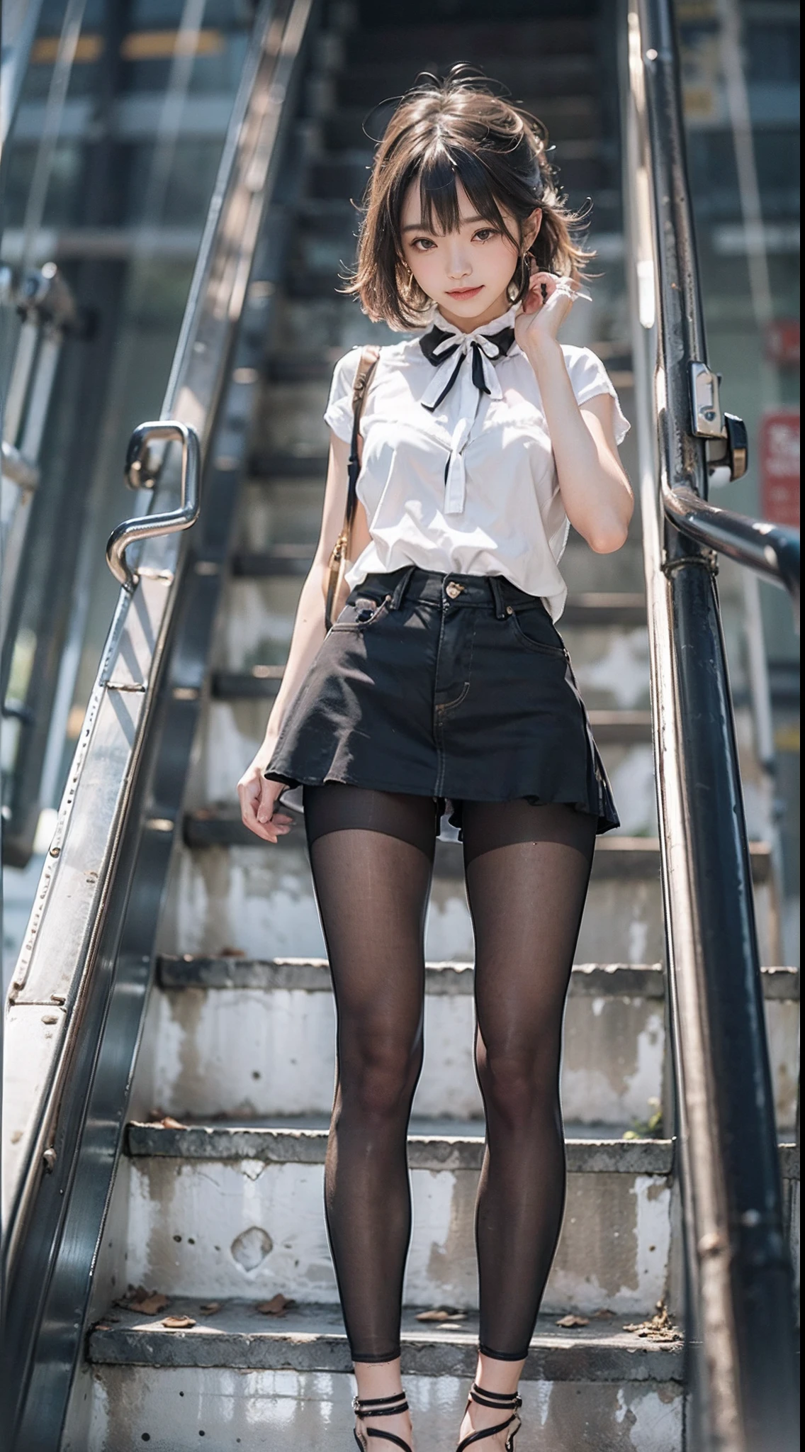 NSFW, 1girl in, (Well-formed face), ((light-colored blouse)), ((White Skinny Jeans)), ((The color of the panties shows through)), (Black panties), (emphasis on the buttocks), facing back, The costume is sheer, de pele branca, slender, Small buttocks, small tits, Sunnyday, train station stairs, Wet, Dark hair, I have bangs, short-hair, 二重まぶた, Smiling smile, ((Angle looking up from bottom)), Layout from the butt up, beauty legs, surrealism, Cinematic lighting, depth of fields, One-person viewpoint, F/1.8, 135 mm, canon, nffsw, masutepiece, ccurate, Anatomically correct, Textured skin, Super Detail, high details, High quality, awardwinning, Best Quality, hight resolution, 1080p, 4K, 8K
