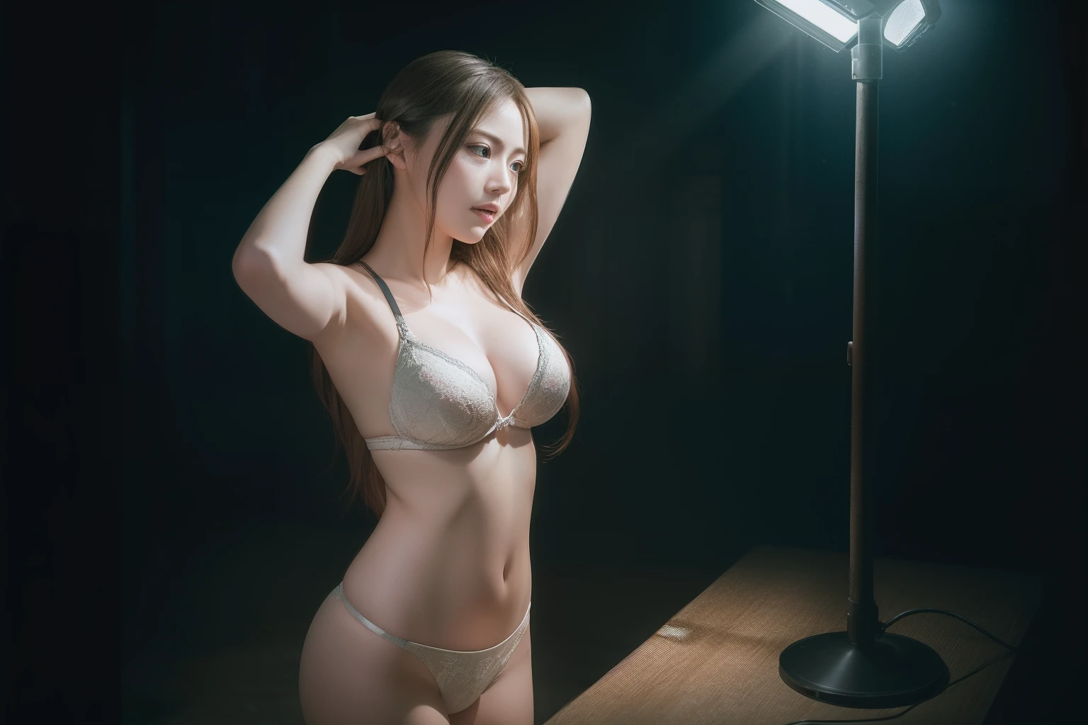 Best Quality, masutepiece, 超A high resolution, (Photorealistic:1.4), Raw photo, Professional Lighting, Photon mapping, Radio City,1girl and 1 boy, grabbing from behind, grabbing on breasts, In the Dark, deepshadow, lowkey, cold light,Realisticity。Underwear。Upper body naked。