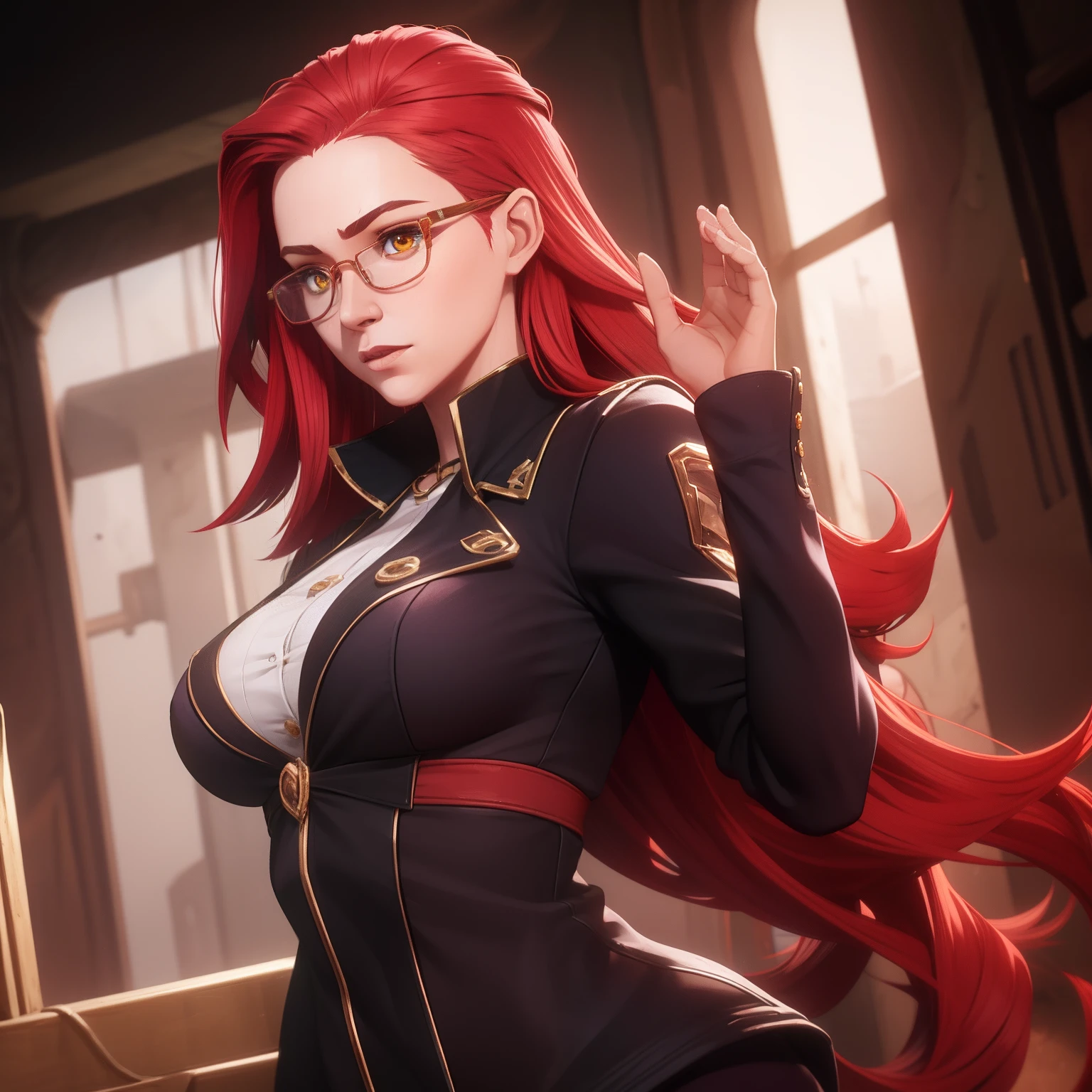 Perfect woman, perfect face,  forehead,  red hair,  wave hair, glasses, yellow eyes,  perfect face,  please hair,  long wave hair,  forehead, big breasts