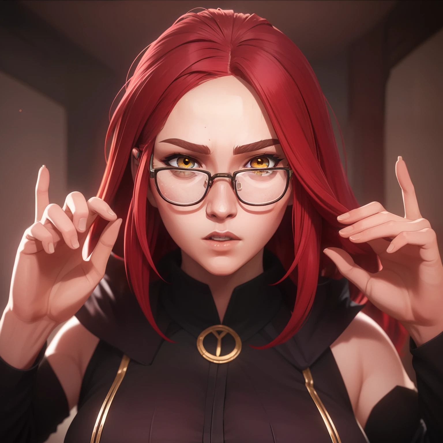 Perfect woman, perfect face,  forehead,  red hair,  wave hair, glasses, yellow eyes,  perfect face,  please hair,  long wave hair,  forehead, big breasts