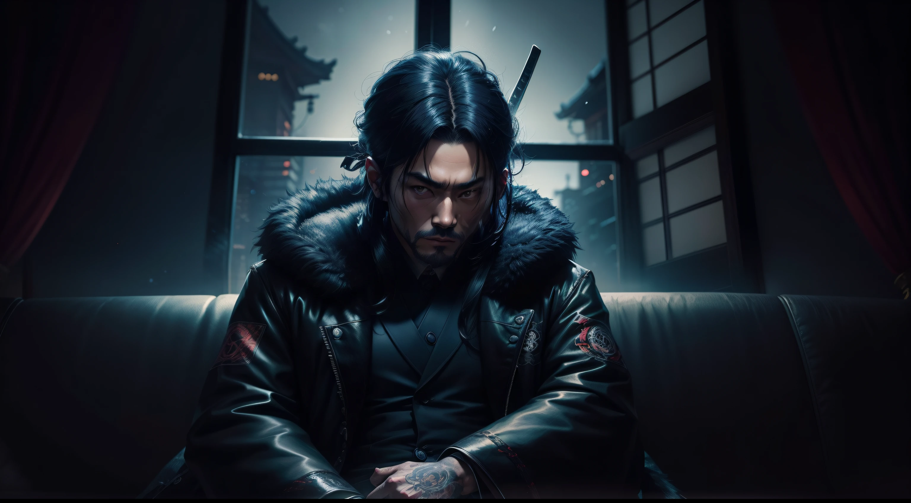 Japanese Gangster wearing a black fur jacket sitting on couch in a dark room with multiple katanas with Blue moon outside of the window, Red glowing eyes, extremely detailed hairs, detailed face, masterpiece, 4k,night