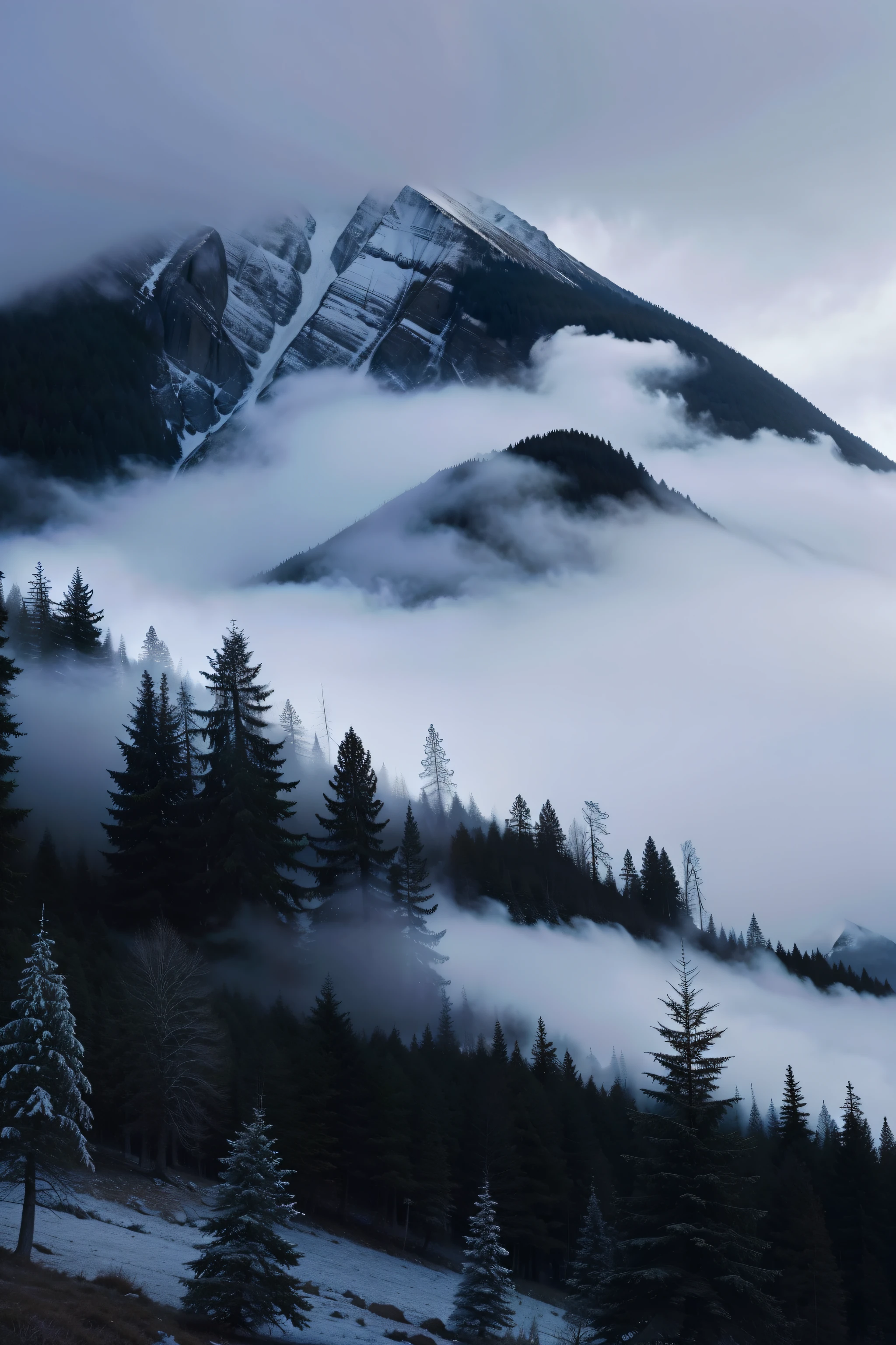 a black and white photo of trees in the fog, f1.8 anamorphic, photo - realistic wallpaper, alpine architecture, colorsmoke, heavy colour compression, seen in the distance, deblurring, canon 3 0 0 mm, desktop screenshot, full width, unexplained phenomena, 200mm prime lens, by Karel Klíč