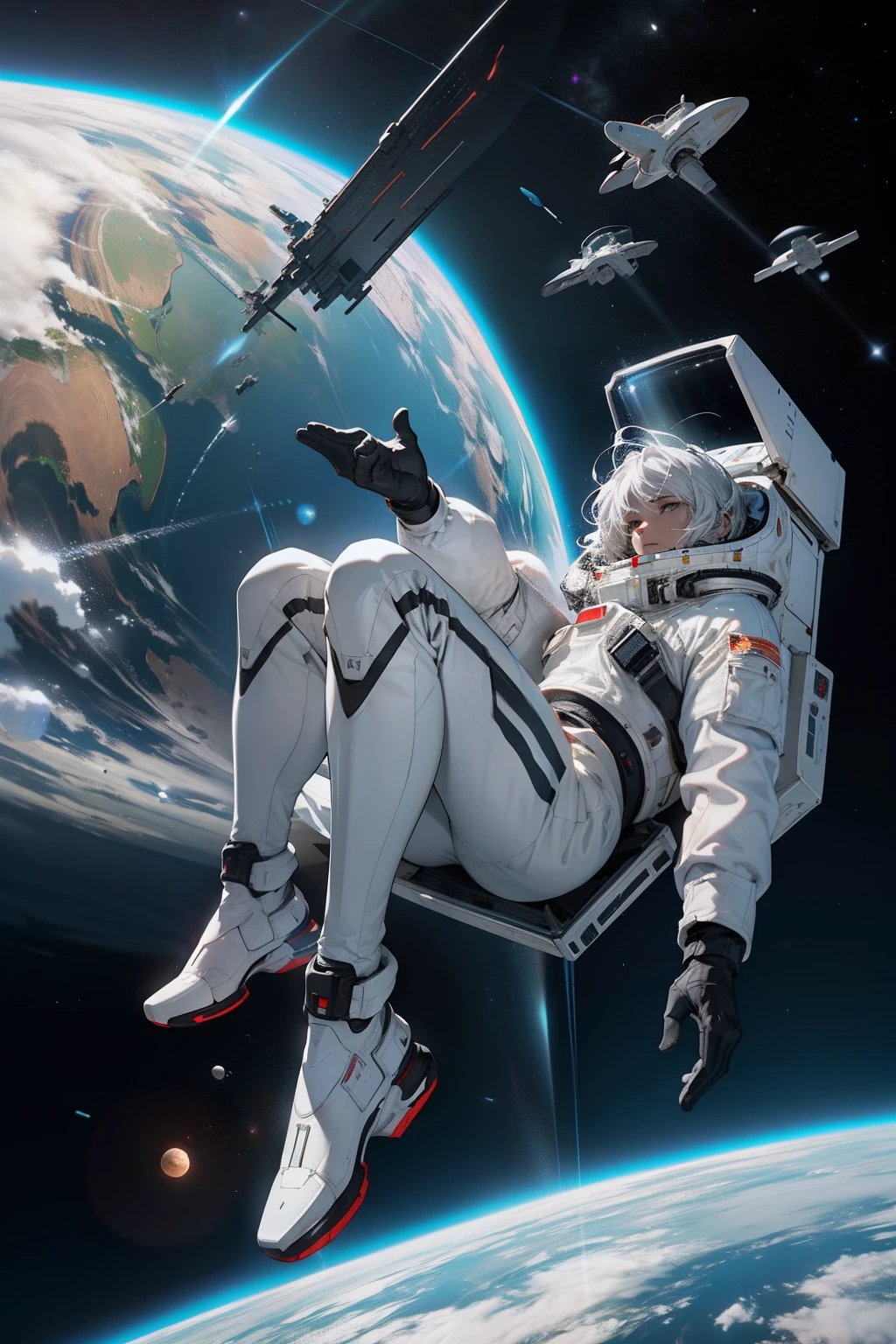 A white-haired beauty in a black spacesuit is floating in outer space Multiple planets floating Gray hair shortcut Multiple spaceships floating The Earth is reflected