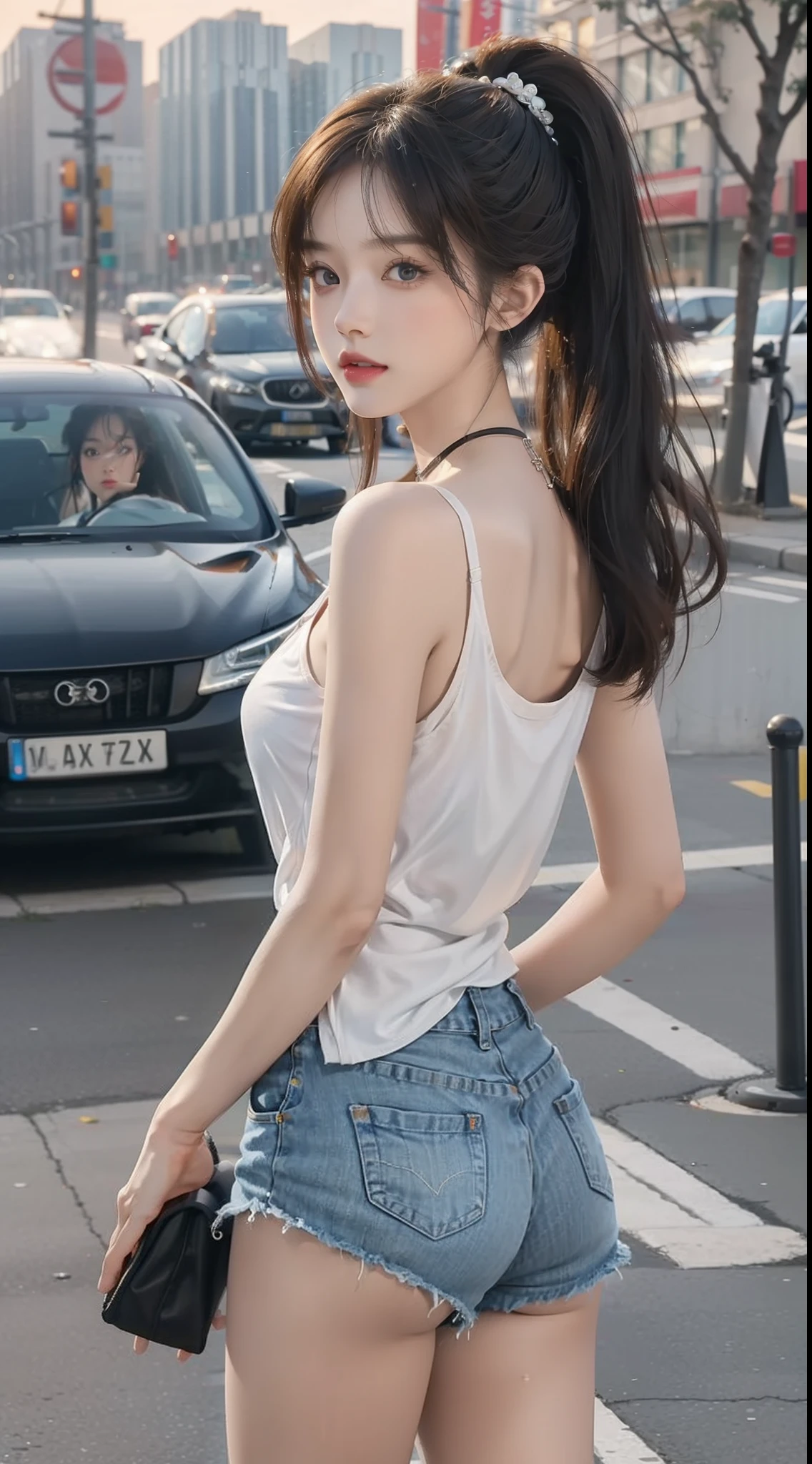 best quality detail:1.2, hentail realism, 8K UHD, A high resolution, 1girl in:1.2, The ultra-detailliert, High quality textures, intricately details, detaileds, Very detailed CG, High quality shadows, Detail Beautiful delicate face, Detail Beautiful delicate eyes, depth of fields, Ray traching,Girly face, age 22, Beautiful pop girl, Korean Urzan face:1.1, Slender face, PureErosFace_V1, glowing light eyes, teak, Glossy lips, perfect bodies,Perfect vest line,Big ass,Short top exposes the navel, choker necklace、nedium breasts、 Brown hair、Double ponytail hairstyle, no underwares,Upturned shorts,The top is translucent,without a backpack,Playful and cute,Full-body photography,Slim legs,Beautiful legs slender,street, Particle, view the viewer, Photorealsitic:1.4, ultra - detailed, Photos realistic, 4K 8K Ultra HD full-color RAW photos, hasselblatt:1.2, Carl Zeiss:1.1, Incredible dynamic range photography(util_The art of SMUS-768:1.1), A high resolution, high pixel count, Clear details, Sharp images, Natural color reproduction, denoised, High fidelity, quality, Software improvements, upscaled, Optimization algorithm, Professional grade beauty、((beijing))、in a school、((Fashion clothing with a very high design))、Graphic T-shirt: Art and logos、Graphic t-shirts printed with anime characters are trending.、Create a unique look,Full-body photography,Expose breasts and buttocks