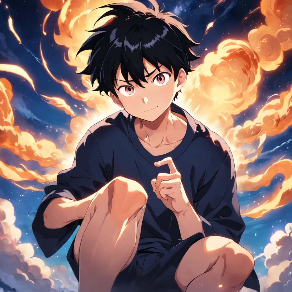 masterpiece, best quality, movie still, 1boy, cloud boy, floating in the sky, close-up, bright, happy, warm soft lighting, sunset, (sparks:0.7), (AS-Young:1.7), (1boy:1.8), (male focus:1.2), (cute:1.7) Shigeo Kageyama, Mob Psycho, looking at viewer, sitting down, smiling, black eyes, black hair