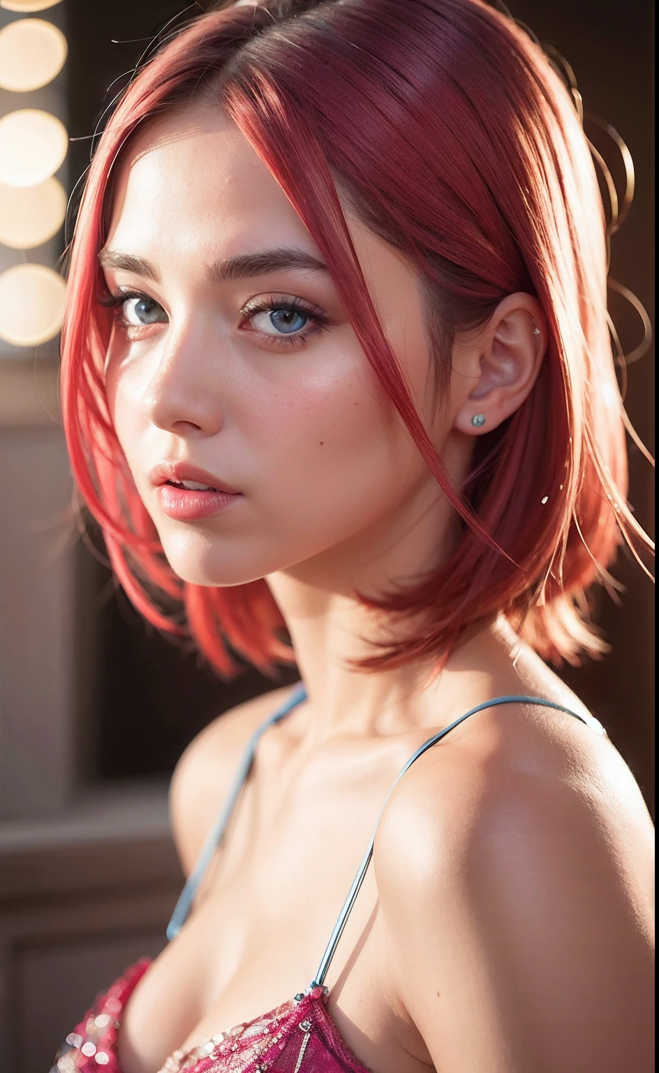 best quality, ultra high res, (photorealistic:1.4), (detailed beautiful girl:1.4), (medium breasts:0.8), looking_at_viewer, Detailed facial details, beautiful detailed eyes,pink hair, blue eyes, slender, haunting smile, (makeup:0.3), red lips, highly detailed clothes, (ulzzang-6500-v1.1:0.3)