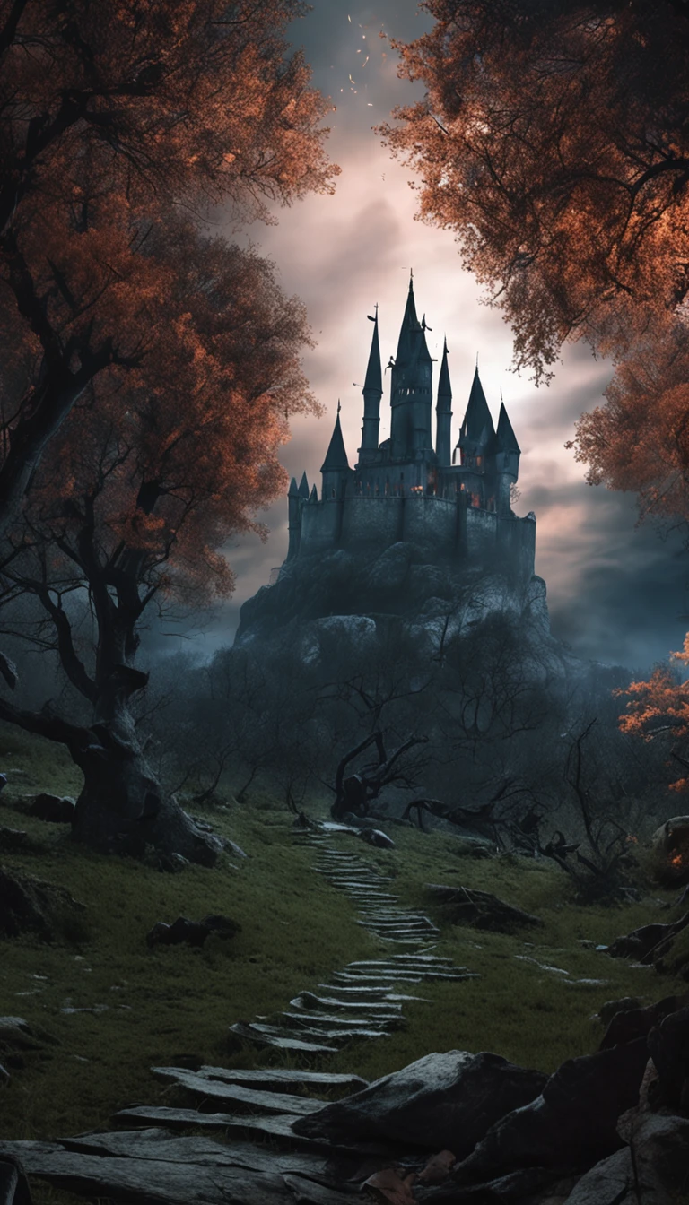In the mysterious forest in the middle of the night、twisted trees々A suspicious forest with many、There is a castle on a hill in the distance、Dark castle setting, Dark fantasy landscape, dark fantasy vibe, dark fantasy environment, Dark fantasy setting, Scary Castle). Mystical, dark castle background, Dark fantasy background, Scary Castle)). Mystical, Landscape of dark ruins, Medieval dark fantasy, dark fantasy style art, Fantasy atmosphere lighting