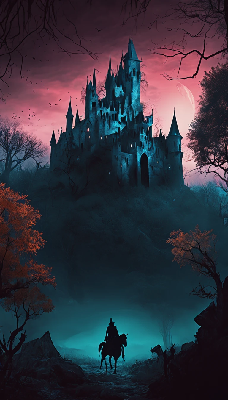 In the mysterious forest in the middle of the night、twisted trees々A suspicious forest with many、There is a castle on a hill in the distance、Dark castle setting, Dark fantasy landscape, dark fantasy vibe, dark fantasy environment, Dark fantasy setting, Scary Castle). Mystical, dark castle background, Dark fantasy background, Scary Castle)). Mystical, Landscape of dark ruins, Medieval dark fantasy, dark fantasy style art, Fantasy atmosphere lighting