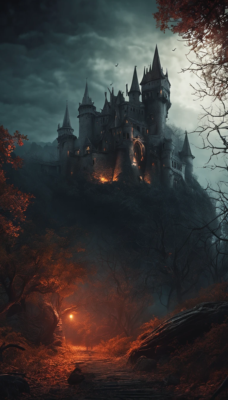 In the mysterious forest in the middle of the night、twisted trees々A suspicious forest with many、There is a castle on a hill in the distance、Dark castle setting, Dark fantasy landscape, dark fantasy vibe, dark fantasy environment, Dark fantasy setting, Scary Castle). Mystical, dark castle background, Dark fantasy background, Scary Castle)). Mystical, Landscape of dark ruins, Medieval dark fantasy, dark fantasy style art, Fantasy atmosphere lighting