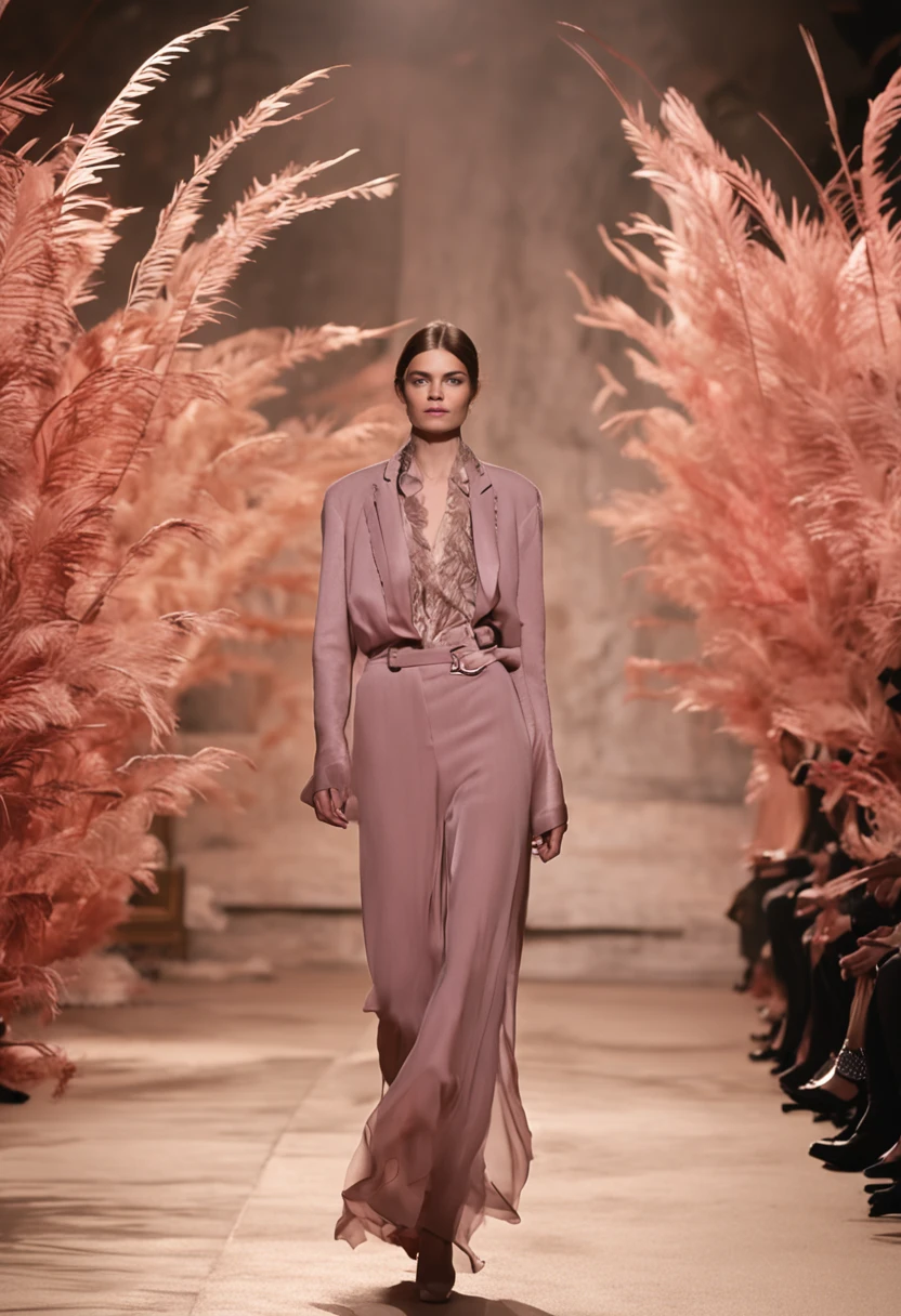 Autumn and winter catwalks,Vintage check suit,Chiffon ruffled pink sequin maxi dress,flowing shimmering fabrics,Gray top with wide-leg trousers,Subtle beige tones,Inspired by Ralph Lauren