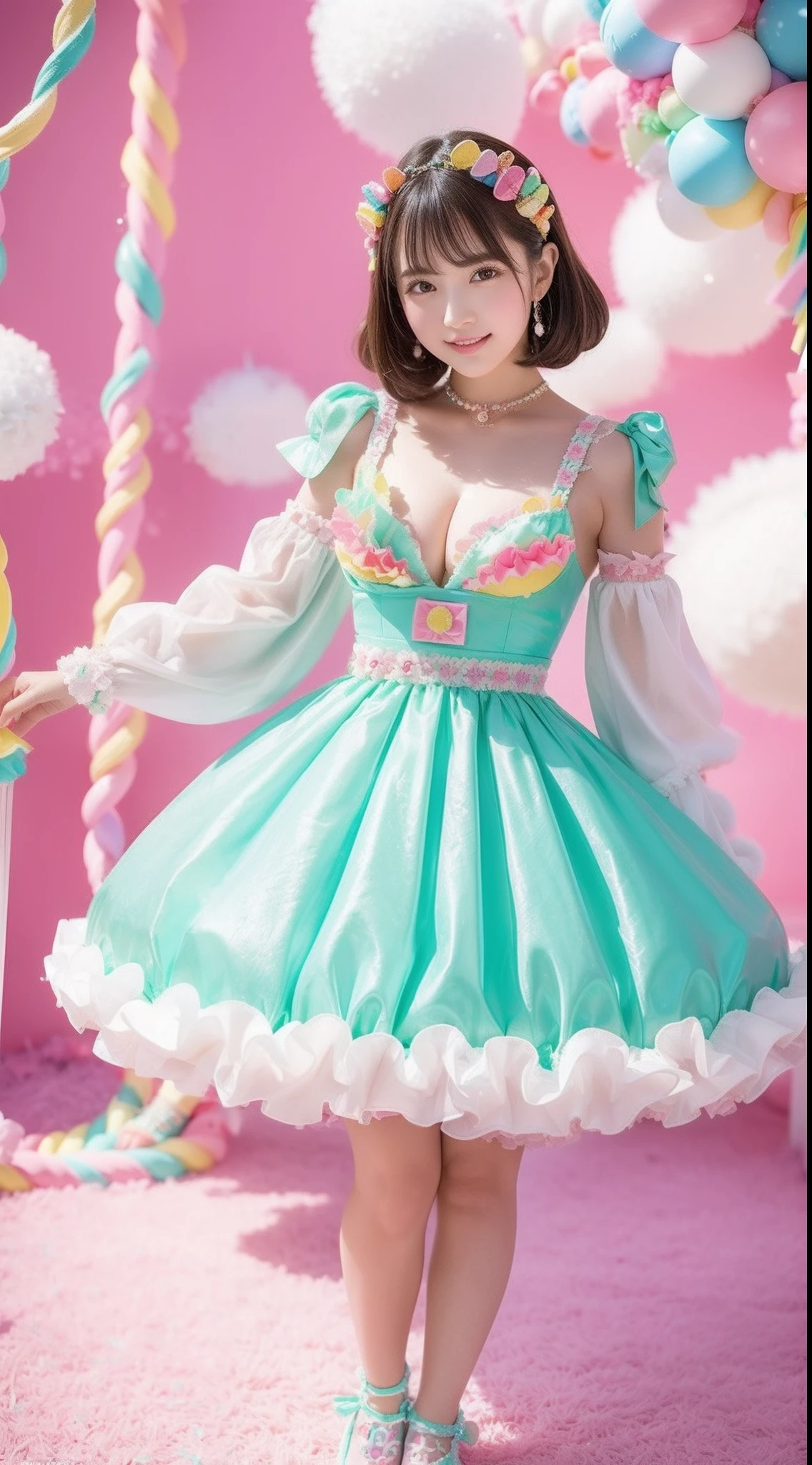 Fashion: Dress up in a colorful ensemble reminiscent of candy wrappers, Bright pastel colors and playful accessories cleavage、huge tit、. 2. Pose: Pose whimsically while holding a giant lollipop, Show off a carefree and fun attitude. 3. Background: Pose in front of a candy-themed background filled with oversized candies, cotton candy clouds, and Candy Kane Tree. 4. Candy Throne: Sit on a candy-style throne made with oversized gum drops, Surrounded by candy treasures. 5. Cupcake Delight: Lean on a giant cupcake prop, Wear clothes that match the color and frosting of the cupcake. 6. Rainbow Pathway: Walk along iridescent paths made of candy pieces, Exudes a sense of surprise and excitement. 7. Candy Rain: With colorful umbrellas「Candy Rain」Capture the moment of, Standing under a shower of falling candies. 8. Giant Ice Cream Cone: Pose beside a giant ice cream cone prop, In an outfit featuring ice cream cone patterns and colors. 9. Candy Wonderland Swing: Swing playfully in candy cane swing in a dreamy landscape of candy tree and candy floss clouds. 10. Gummy Bear Garden: Sit in the garden of oversized gummy bears, Wearing a gummy bear-themed costume that matches the color of the candy garden