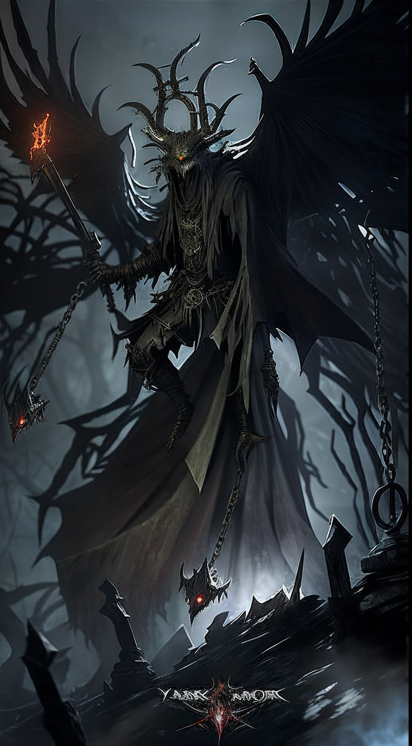 Close-up of a demonic creature with a chain around its neck, dark fantasy concept art, dark fantasy style art, dark fantasy artwork, an ominous fantasy illustration, dark souls concept art, dark fantasy art, dark fantasy horror art, dark soul concept, darksiders halloween theme, dark fantasy art style, by Yang J, minion as a darksouls boss