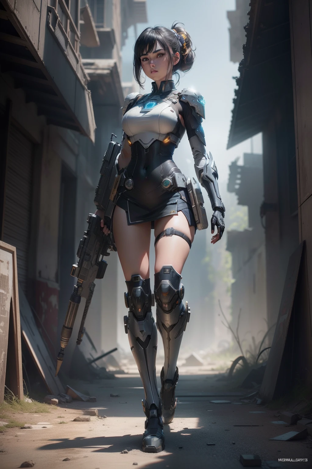 ((Best quality)), ((masterpiece)), (highly detailed:1.3), 3D,Shitu-mecha, beautiful cyberpunk women with her mecha in the ruins of city from a forgoten war, ancient technology,HDR (High Dynamic Range),Ray Tracing,NVIDIA RTX,Super-Resolution,Unreal 5,Subsurface scattering,PBR Texturing,Post-processing,Anisotropic Filtering,Depth-of-field,Maximum clarity and sharpness,Multi-layered textures,Albedo and Specular maps,Surface shading,Accurate simulation of light-material interaction,Perfect proportions,Octane Render,Two-tone lighting,Low ISO,White balance,Rule of thirds,Wide aperature,8K RAW,Efficient Sub-Pixel,sub-pixel convolution,luminescent particles,light scattering,Tyndall effect