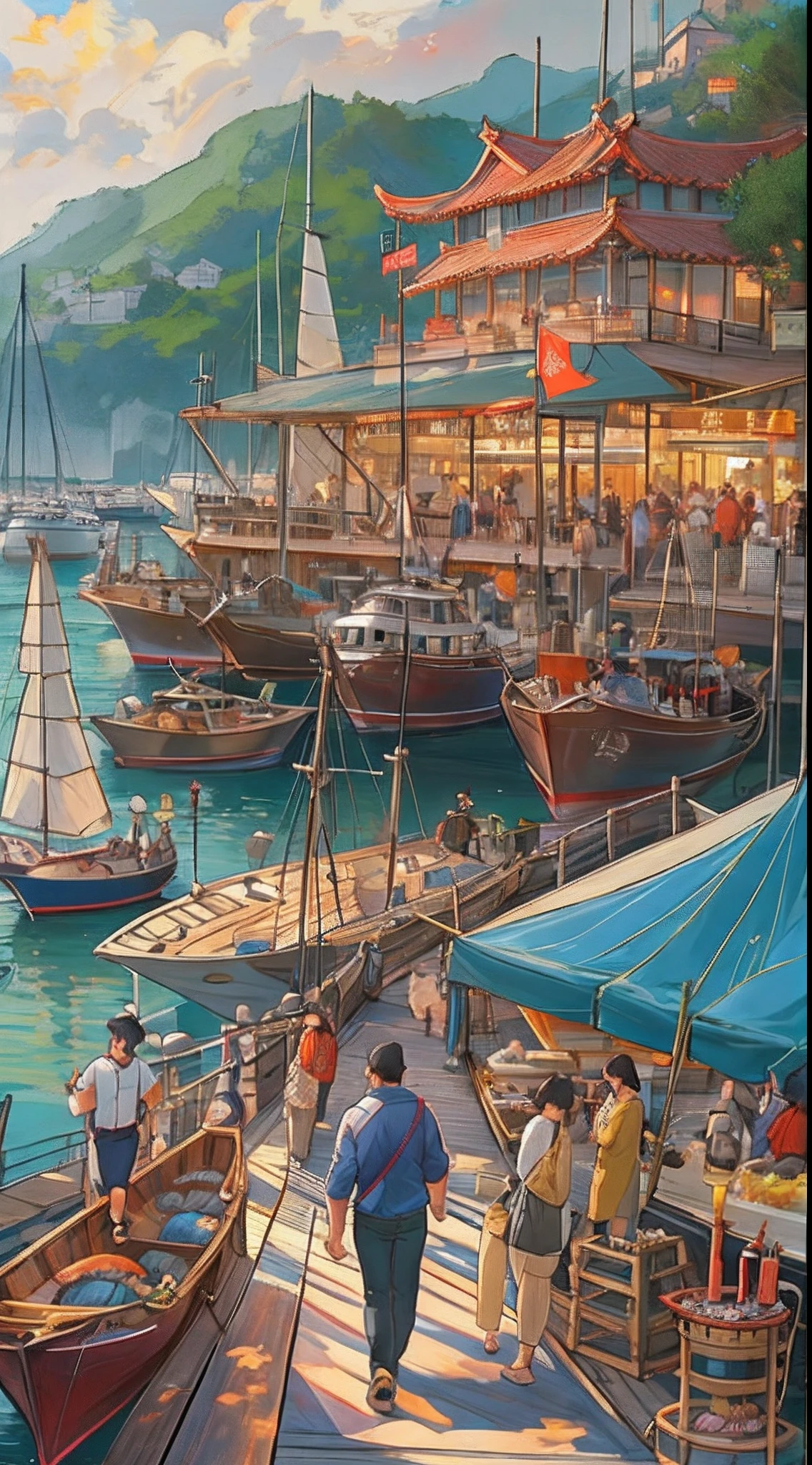 A bustling harbor with a variety of boats docked at the pier, people in fashionable clothes walking energetically on the pier, a magnificent restaurant by the sea filled with fresh seafood, ,in the style of the stars art group xing xing, 32k, best quality, masterpiece, super detail, high details