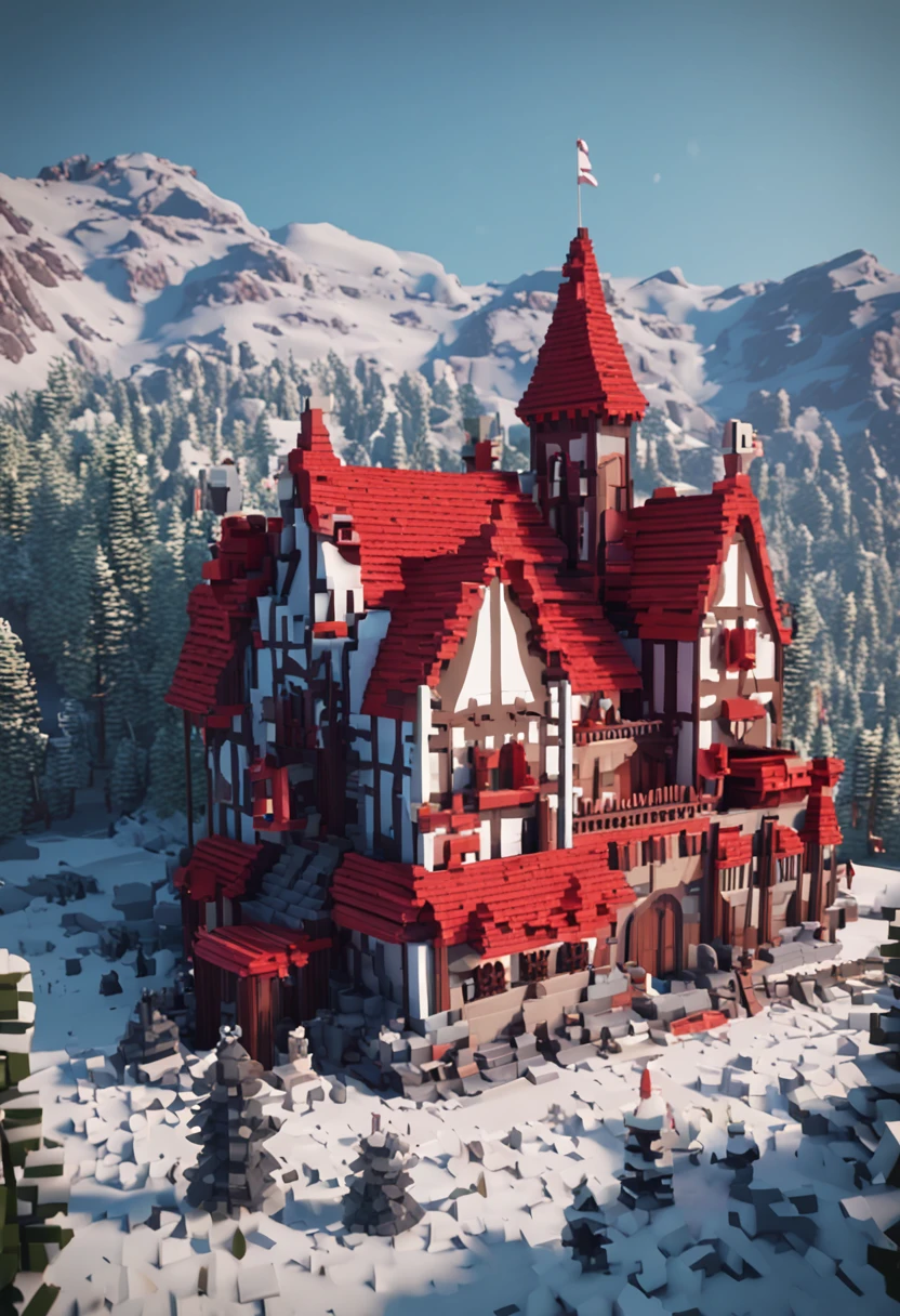 nevando，Castle，borgar，red roofs，snow cover，Detailed character scenes，Voxel artHigh quality voxel artVideo gameDigital art building block style