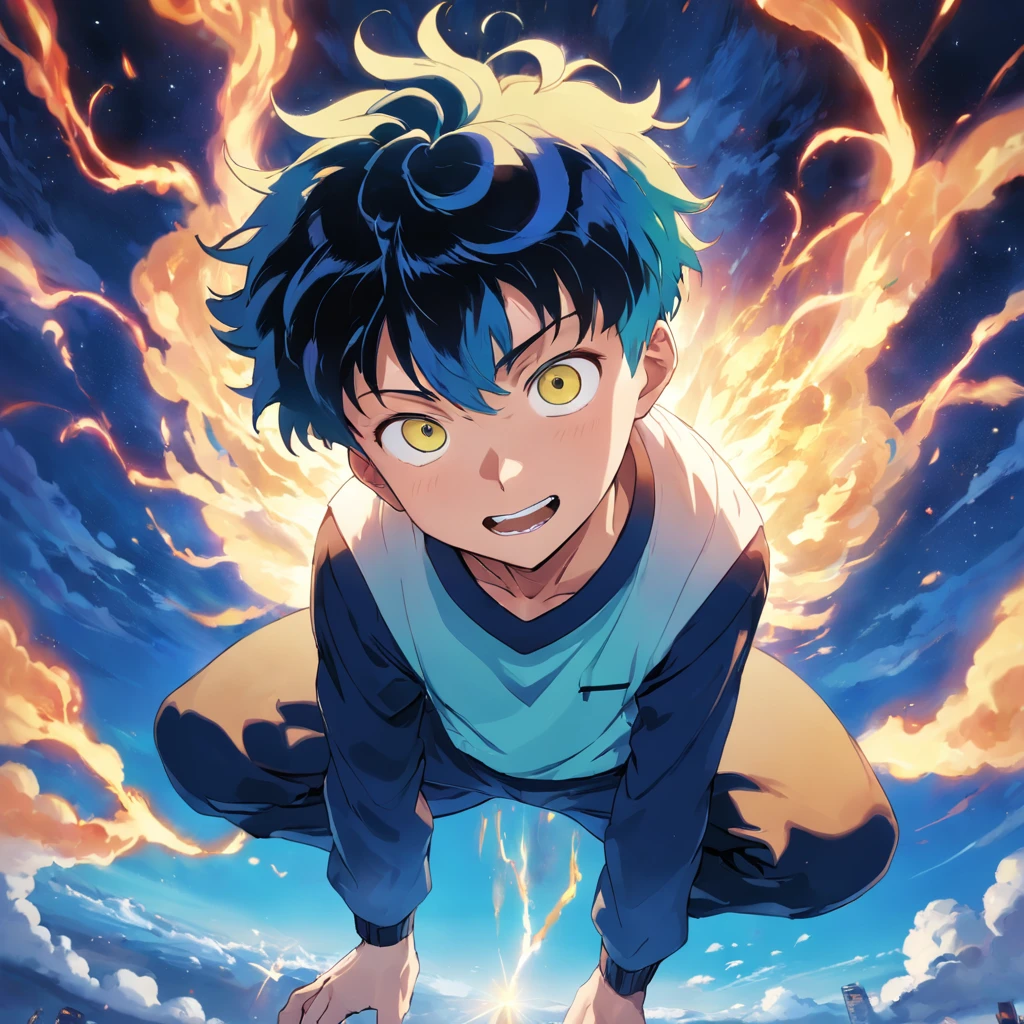 masterpiece, best quality, movie still, 1boy, cloud boy, floating in the sky, close-up, bright, happy, warm soft lighting, sunset, (sparks:0.7), (AS-Young:1.7), (1boy:1.8), (male focus:1.2), (cute:1.7) Shigeo Kageyama, Mob Psycho, looking at viewer, sitting down, smiling, black eyes, blue hair