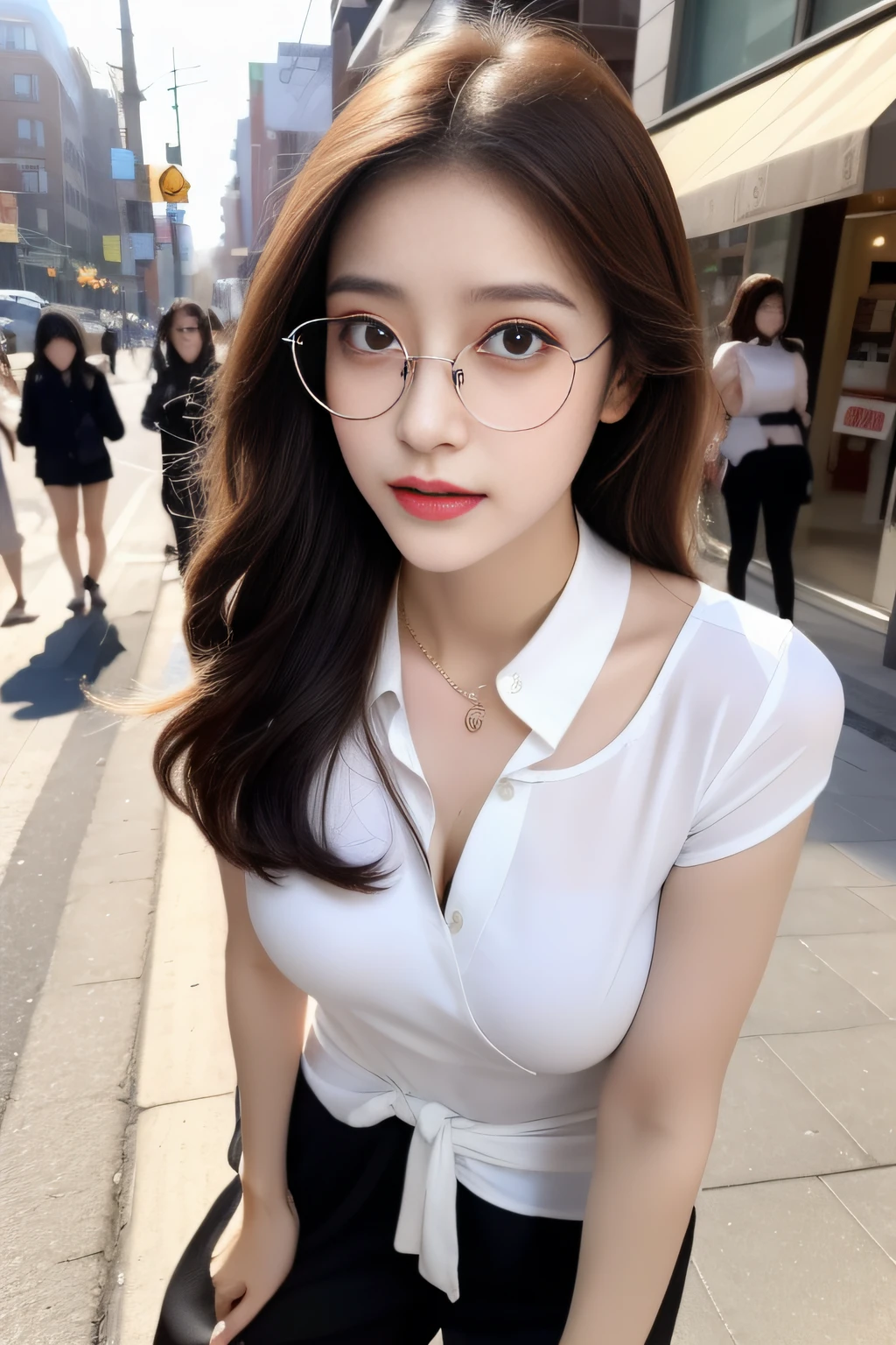((Beautiful girl on the street)), ((Expose legs)),high-heels,Big breasts:1.2,24 years of age,Korean female,Low-cut dressing,Delicatemakeup,prettyeyes,Sexy pose, long leges:1.3, prettyeyes, Stand, detailface, With glasses,