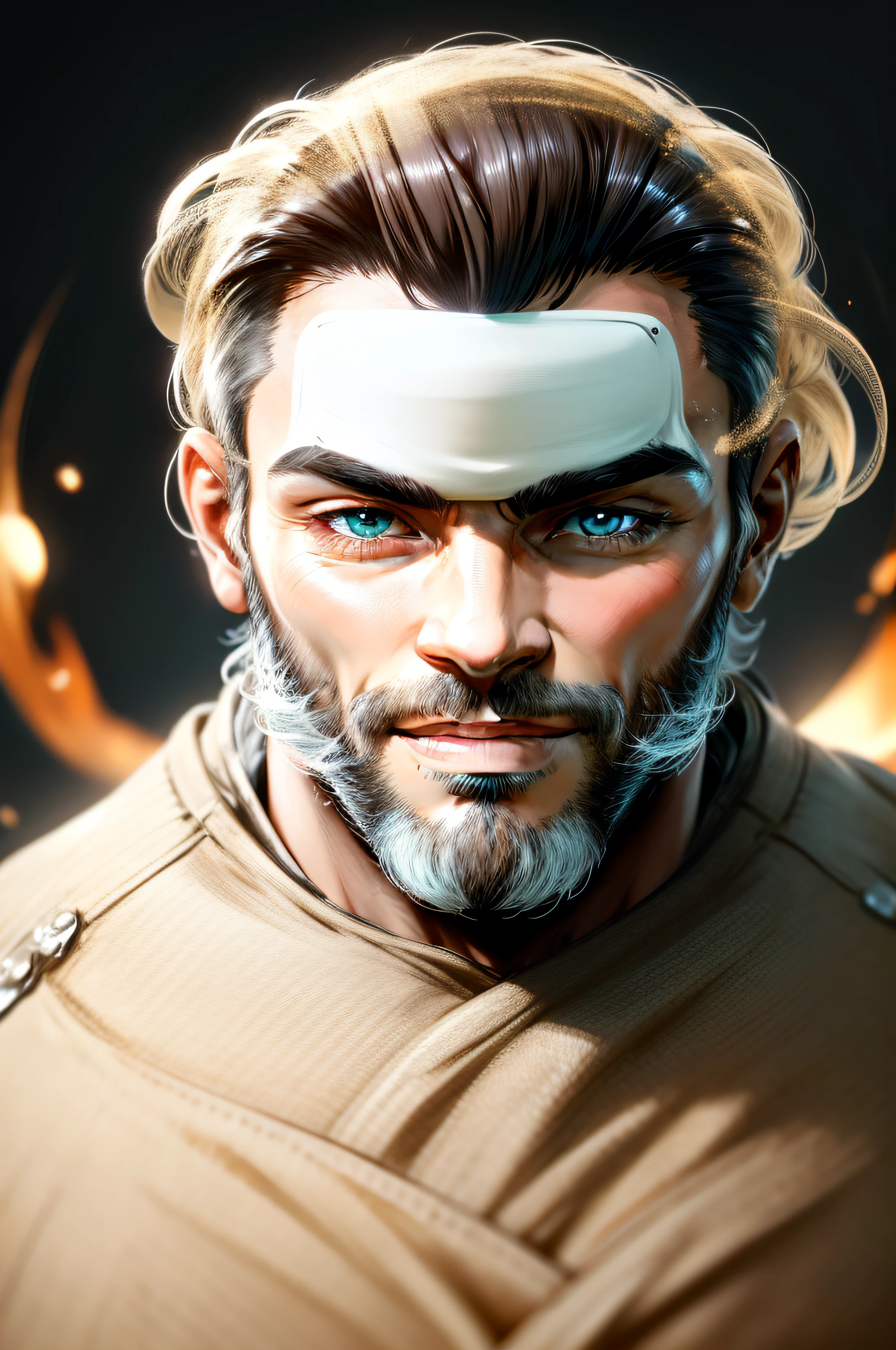 homem bonito com barba sorrindo, com jaleco branco, fundo da imagem branco, imagem 8k