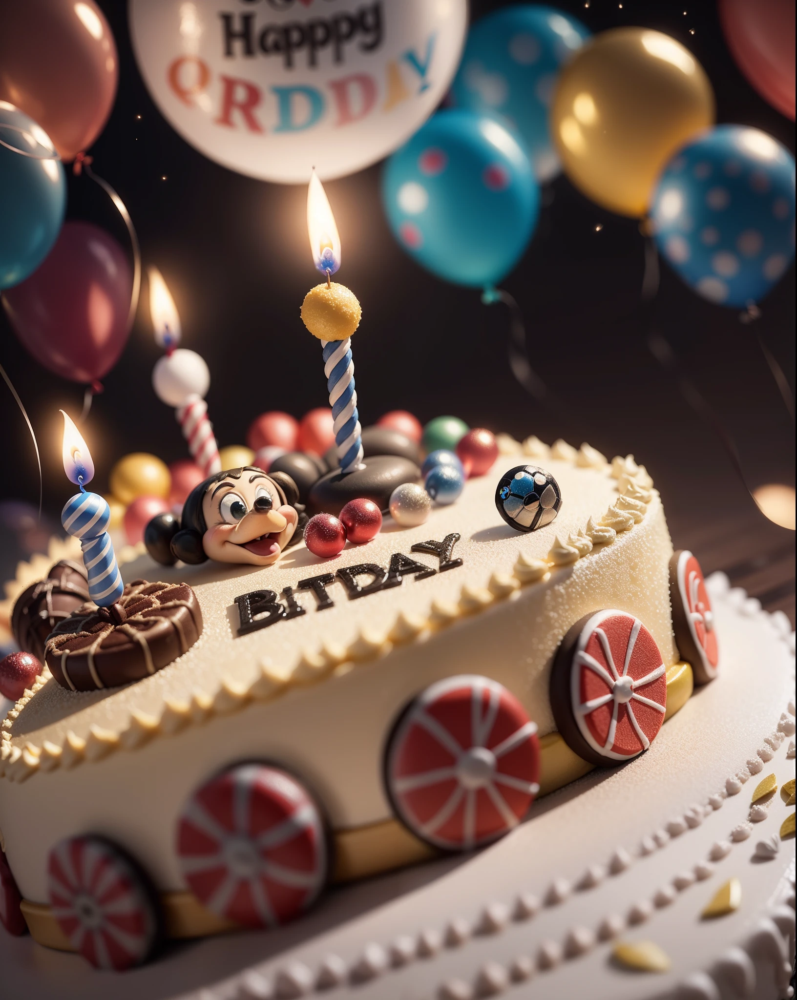 Happy birthday! On the birthday cake is a funny cartoon BMW car. Lots of candles and balloons. Close-up. Lots of details. Festive, fun. Cartoon style Disney Pixar. Super realistic. Cinematic. Light blurred background of the festive table. Light haze. --auto --s2