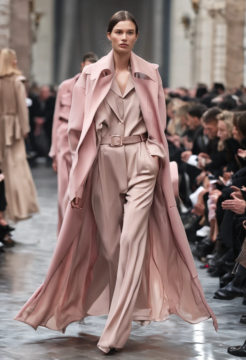Autumn and winter catwalks,Classic herringbone coat,Loose coat,Shirt with turtleneck,Chiffon ruffled pink sequin maxi dress,flowing shimmering fabrics,Gray top with wide-leg trousers,Subtle beige tones,Inspired by Ralph Lauren