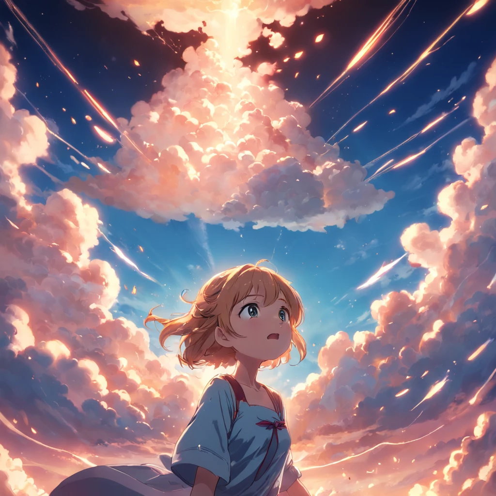 masterpiece, best quality, movie still, 1girl, cloud girl, floating in the sky, close-up, bright, happy, warm soft lighting, sunset, (sparks:0.7)