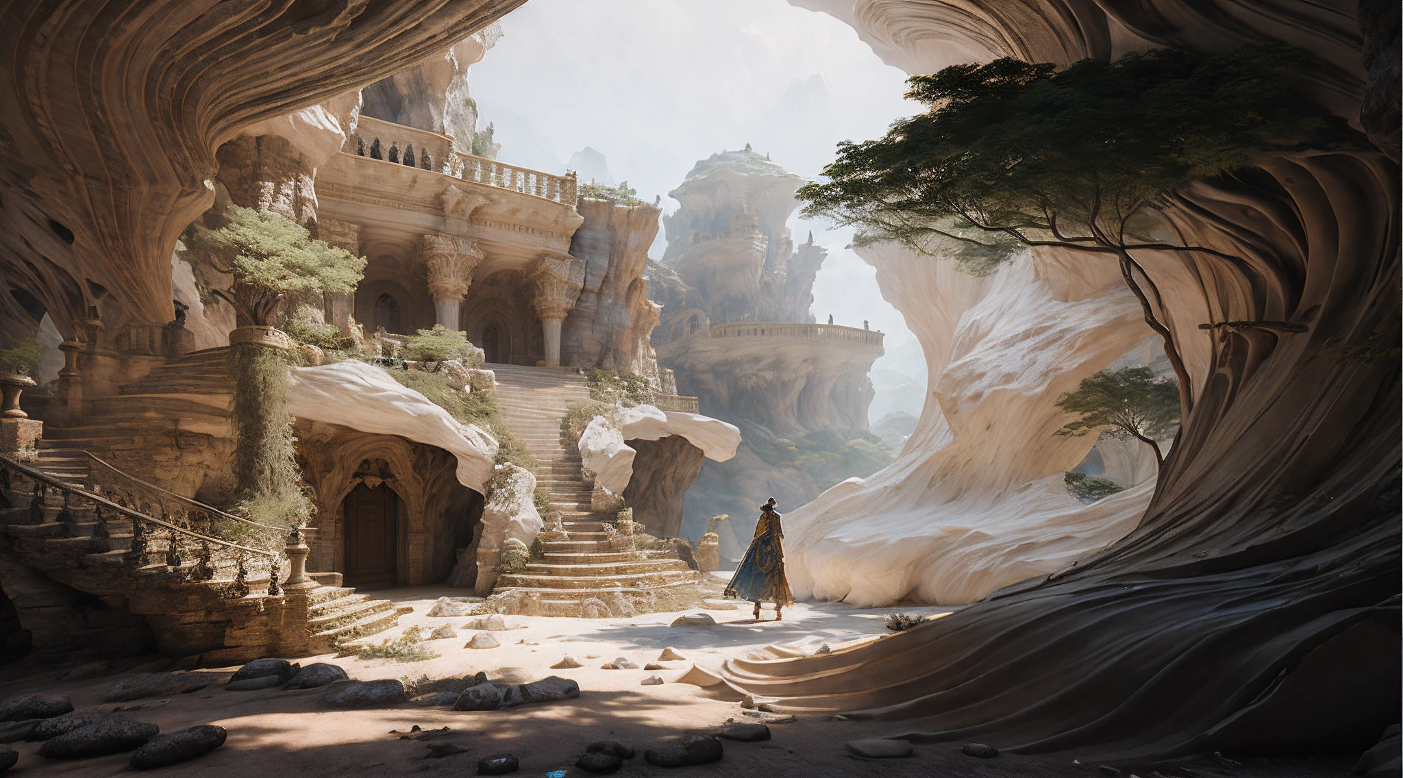 There was a man walking on the stone steps of the cave, beautiful render of a fairytale, intricate environment, stuning fantasy 3 d render, beautiful 3d concept art, fantasy architecture, Realistic fantasy rendering, surreal concept art, intricate detailed environment, detailed intricate environment, intricate scenery, fantasia 3 d render, Intricate fantasy of reality, intricate render, fantasy render