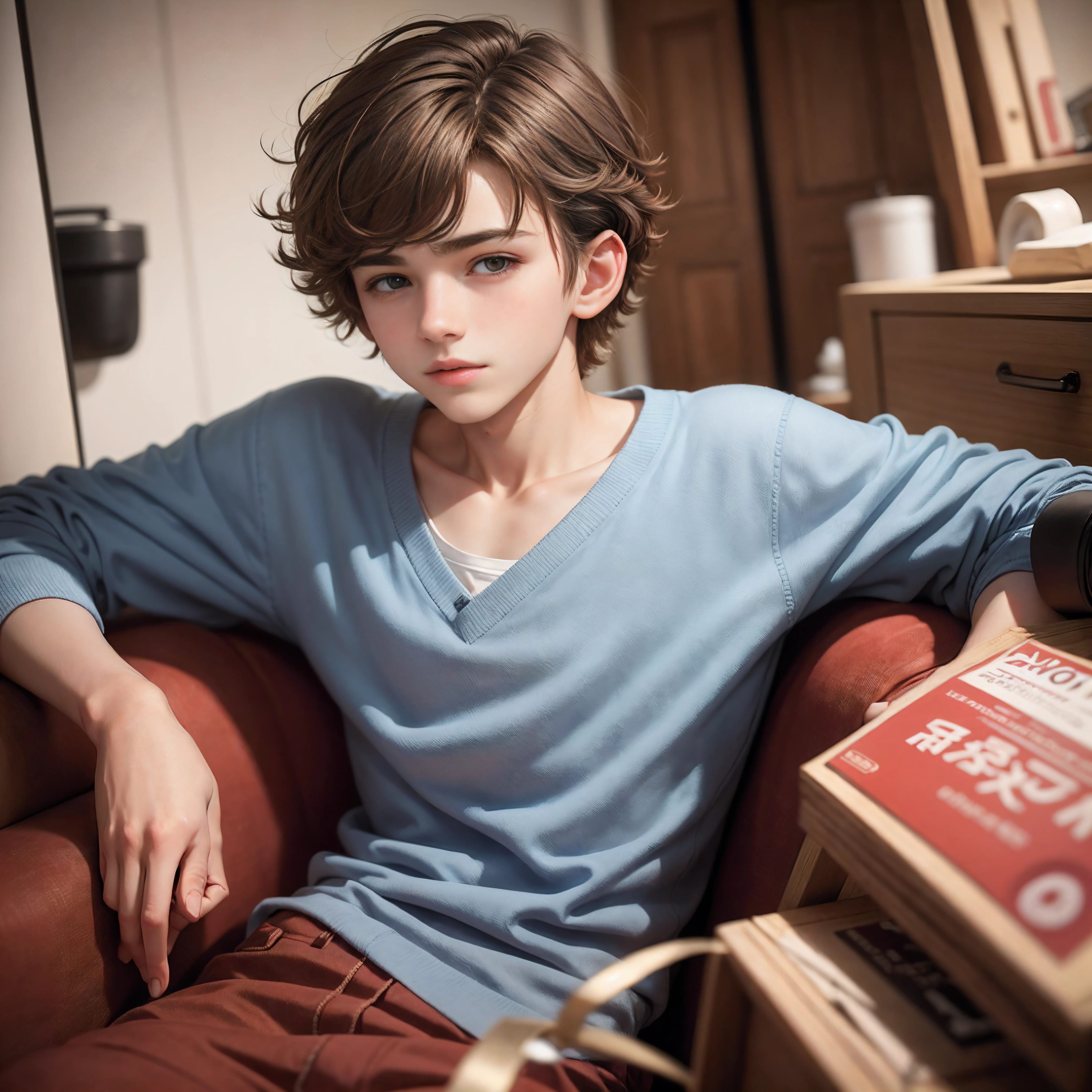 16 yaers old，adolable，with short brown hair，There are dull hairs，Be red in the face，younge boy --auto