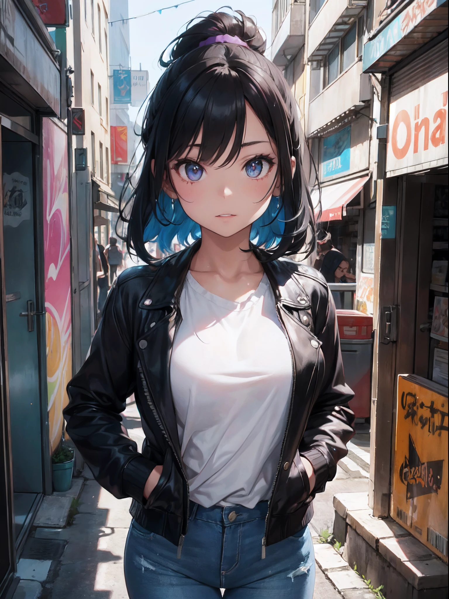 film photography, 1girl , sexy , (((whole body ))) , dynamic pose
Character: urban graffiti artist
Style: modern street chic
Description: She stands confidently in front of a vibrant street mural she created, spray paint can in hand. Her hair is a bold shade of electric blue, contrasting with her leather jacket and distressed jeans. Bright violet eyes and glossy lips add to her alluring aura. In the backdrop, a bustling city street with colorful street art and neon signs., medium breast, full body, (realistic detailed eyes, natural skin texture, realistic face details), finely detailed, hyperrealistic