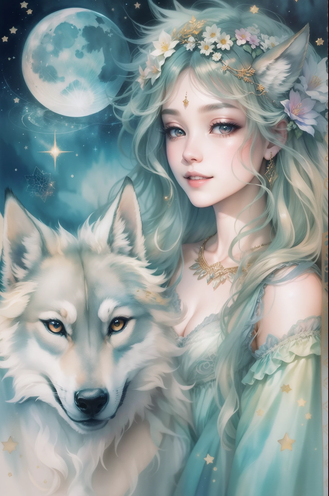 fullmoon、Transparent beautiful fairy and wolf、A smile、liberta、Irridescent color、constellation、doa、Watercolor Paint
