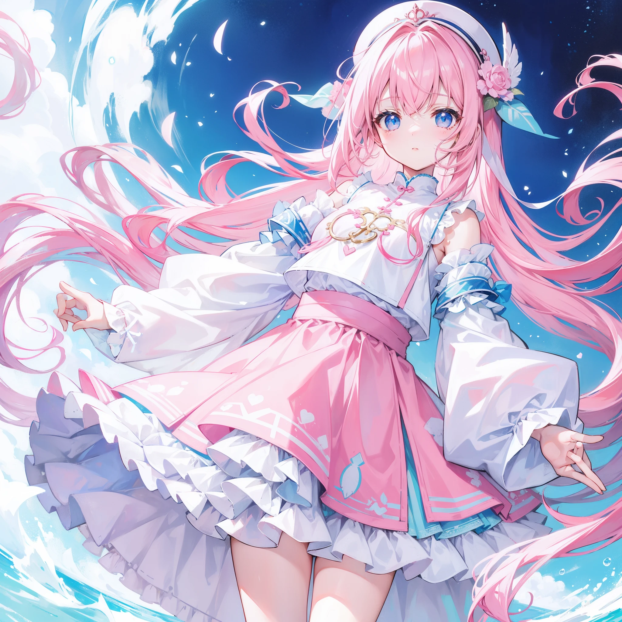 Long hair with light pink and white,Blue, White and pink clothes,She is a cute and cute girl,Transfer sister,It looks very light and gentle
